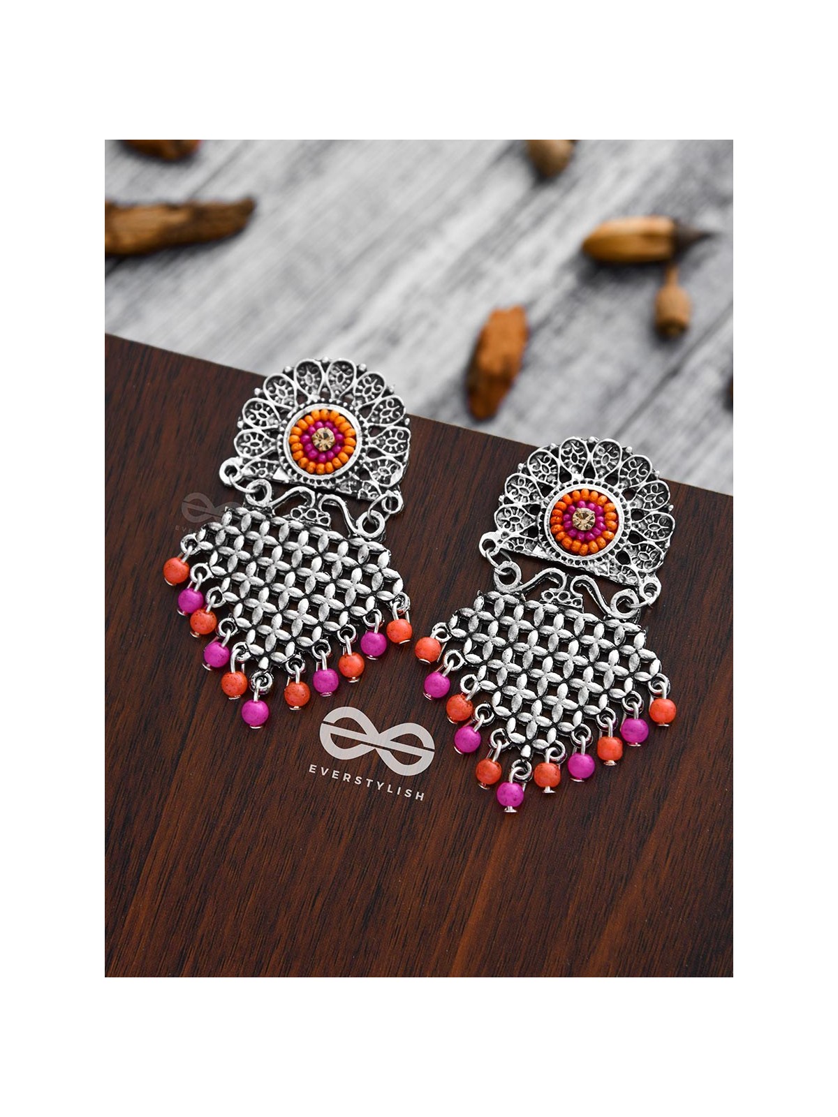 The Criss-Cross Embroidered Sun (Pink) - Embroidered Oxidised Earrings
