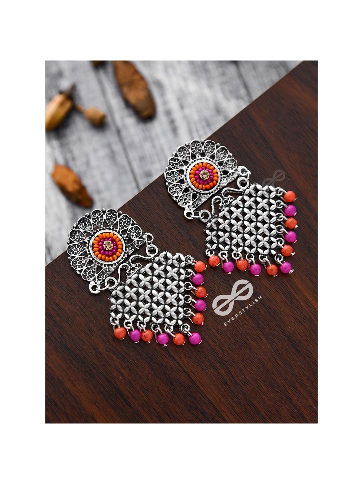 The Criss-Cross Embroidered Sun (Pink) - Embroidered Oxidised Earrings