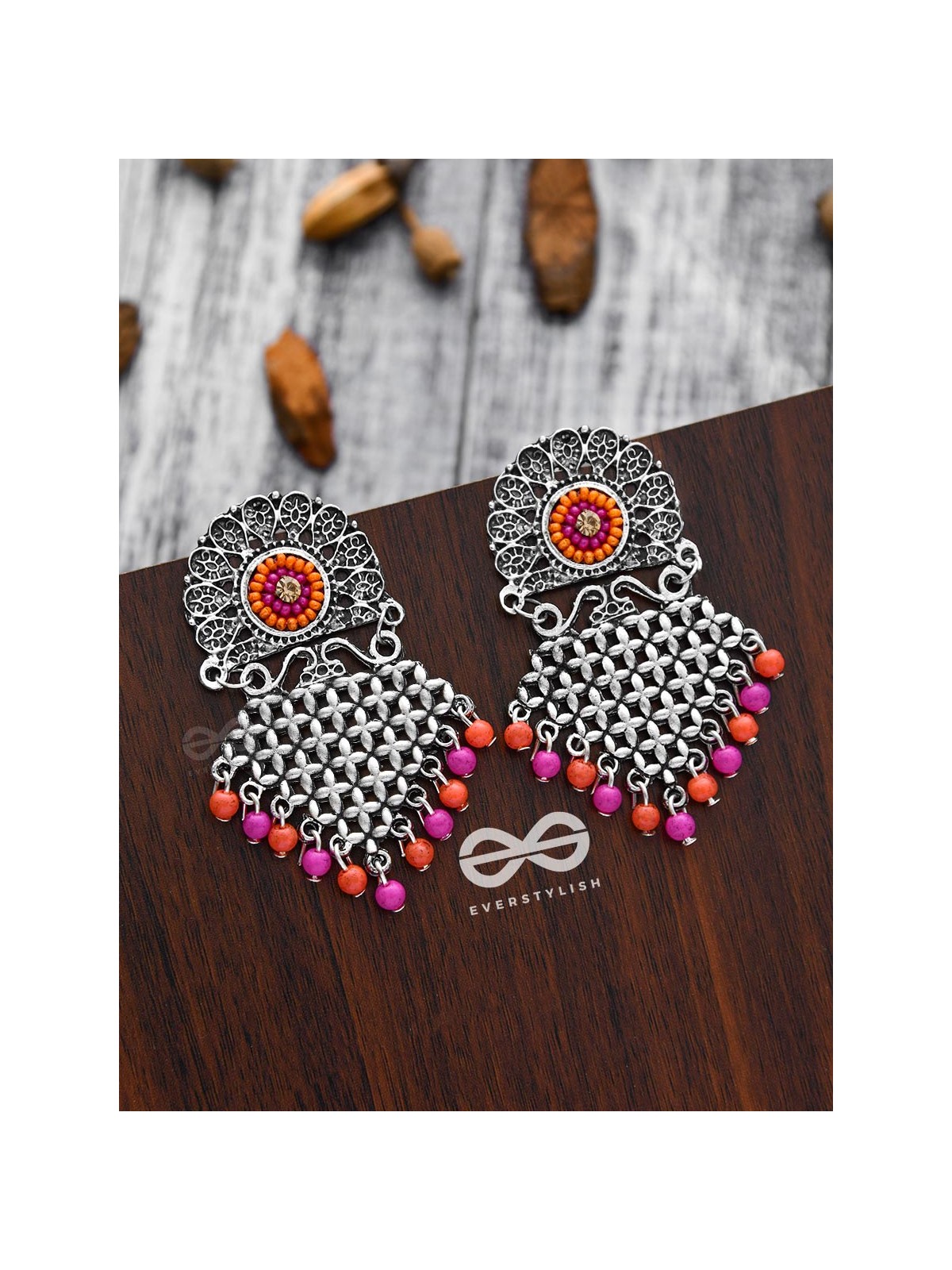 The Criss-Cross Embroidered Sun (Pink) - Embroidered Oxidised Earrings