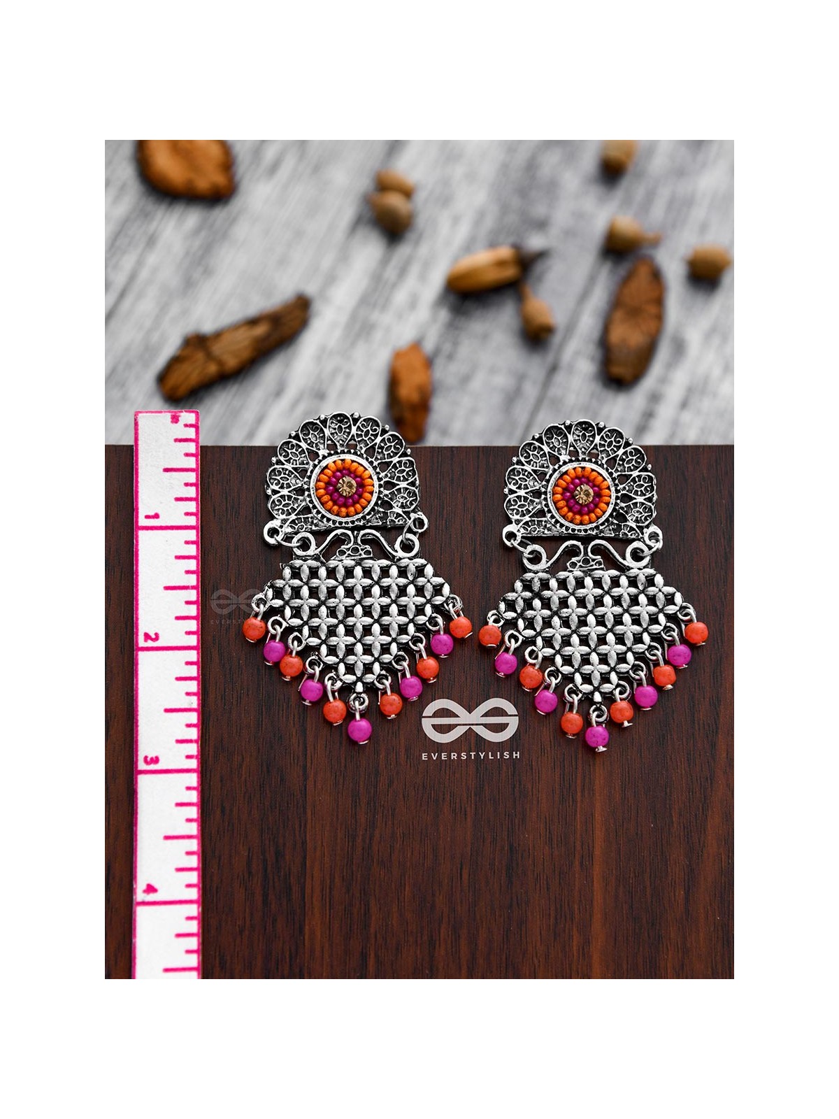 The Criss-Cross Embroidered Sun (Pink) - Embroidered Oxidised Earrings