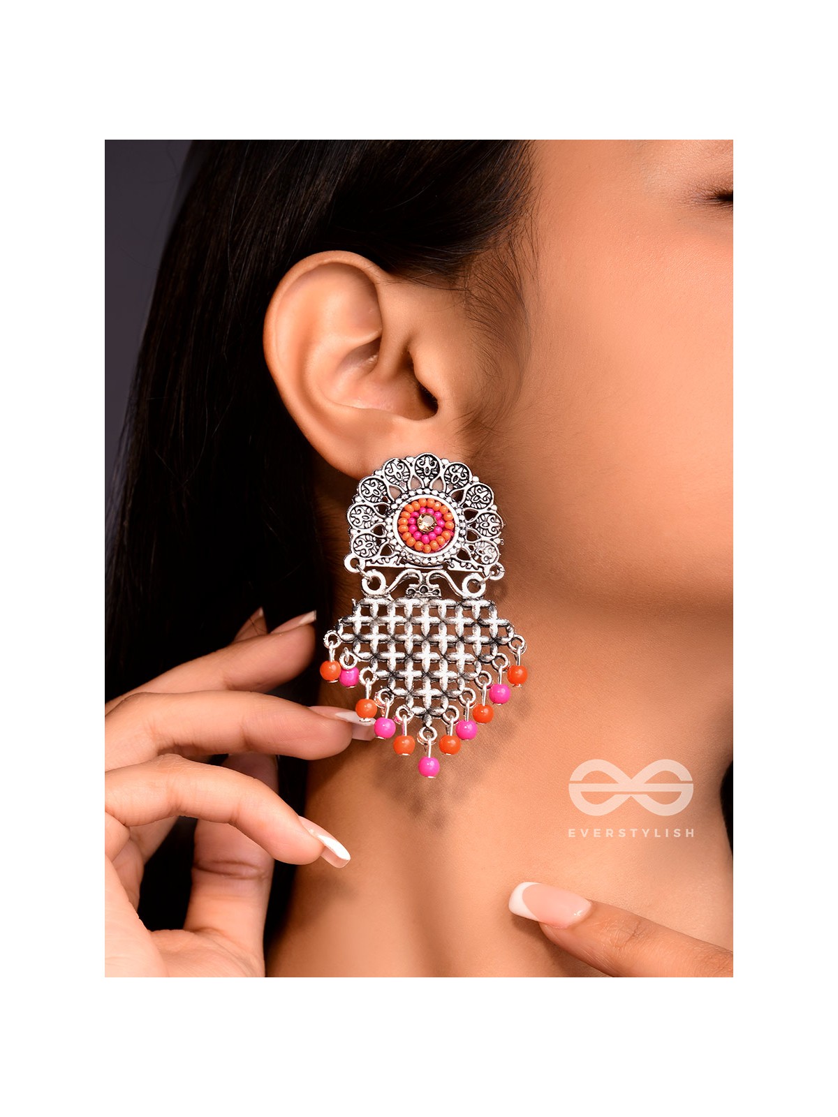 The Criss-Cross Embroidered Sun (Pink) - Embroidered Oxidised Earrings