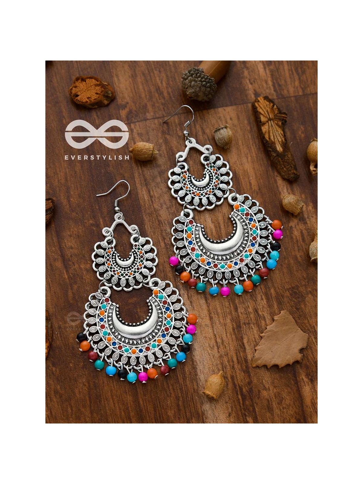 The Colourful Double Layered Enamelled Motif Moon Danglers