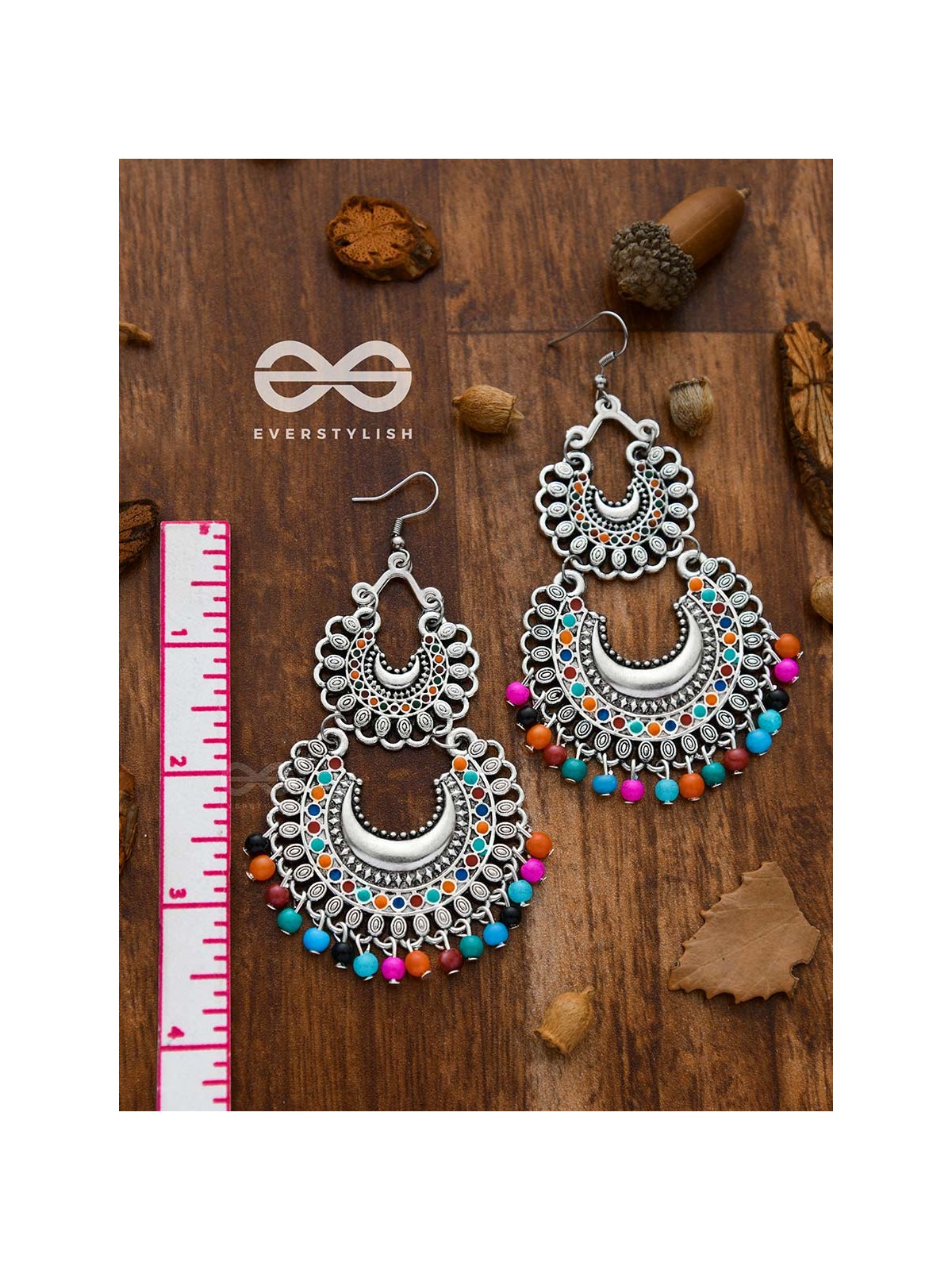 The Colourful Double Layered Enamelled Motif Moon Danglers