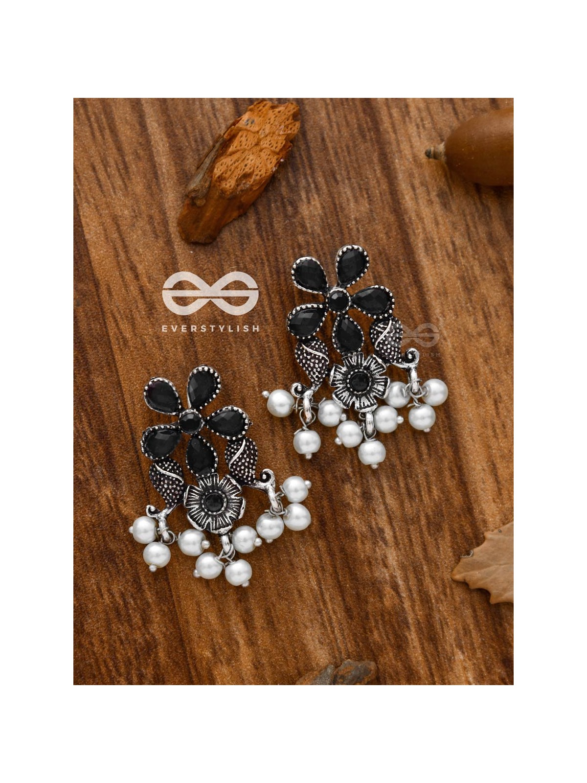 'A Floral Fantasy' - Embellished Oxidised Earrings (Onyx Black)