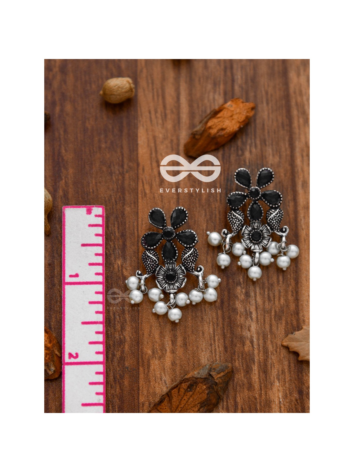'A Floral Fantasy' - Embellished Oxidised Earrings (Onyx Black)