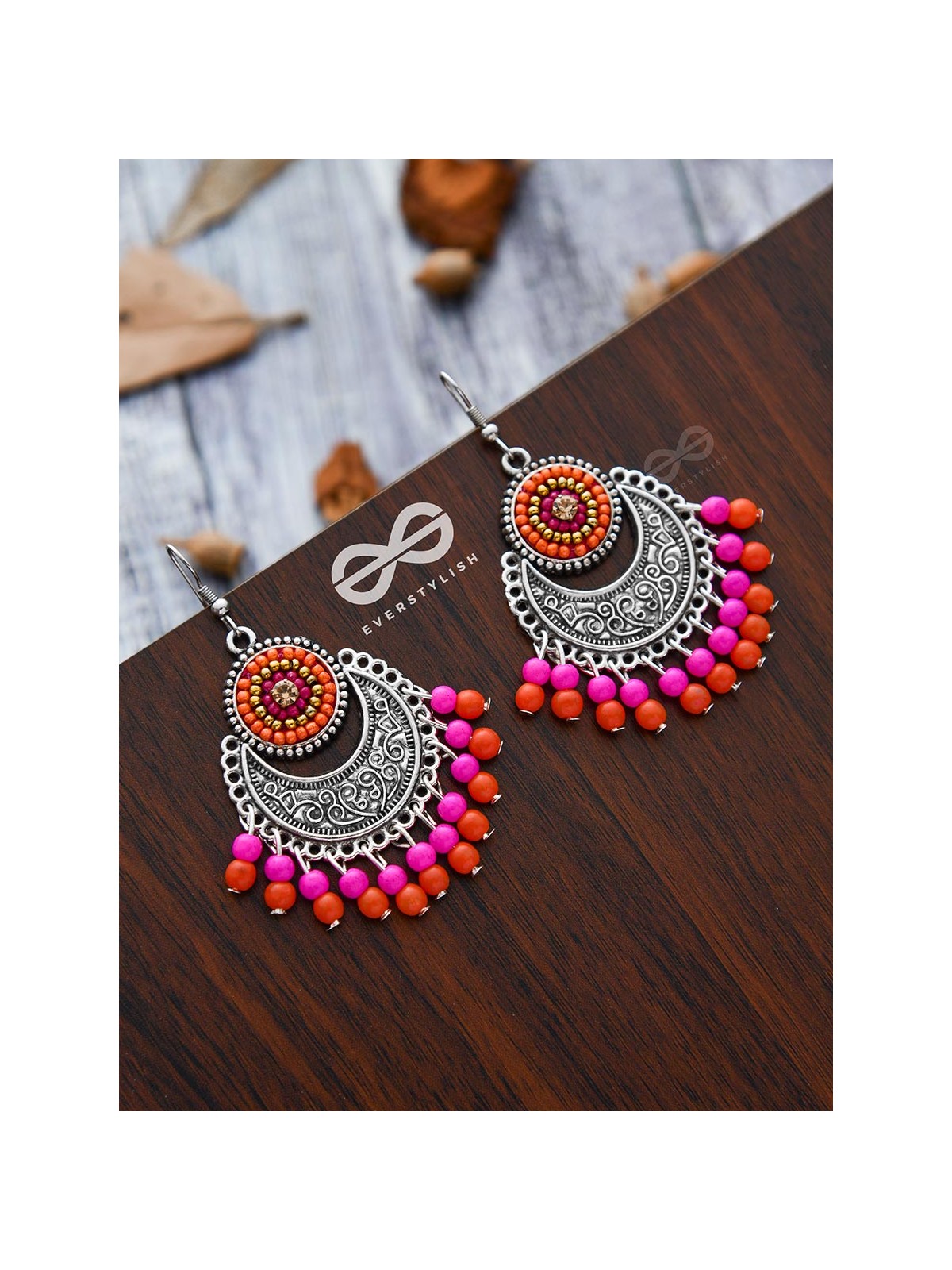 The Delightful Motif Moon (Orange-Pink) - Embroidered Oxidised Earrings