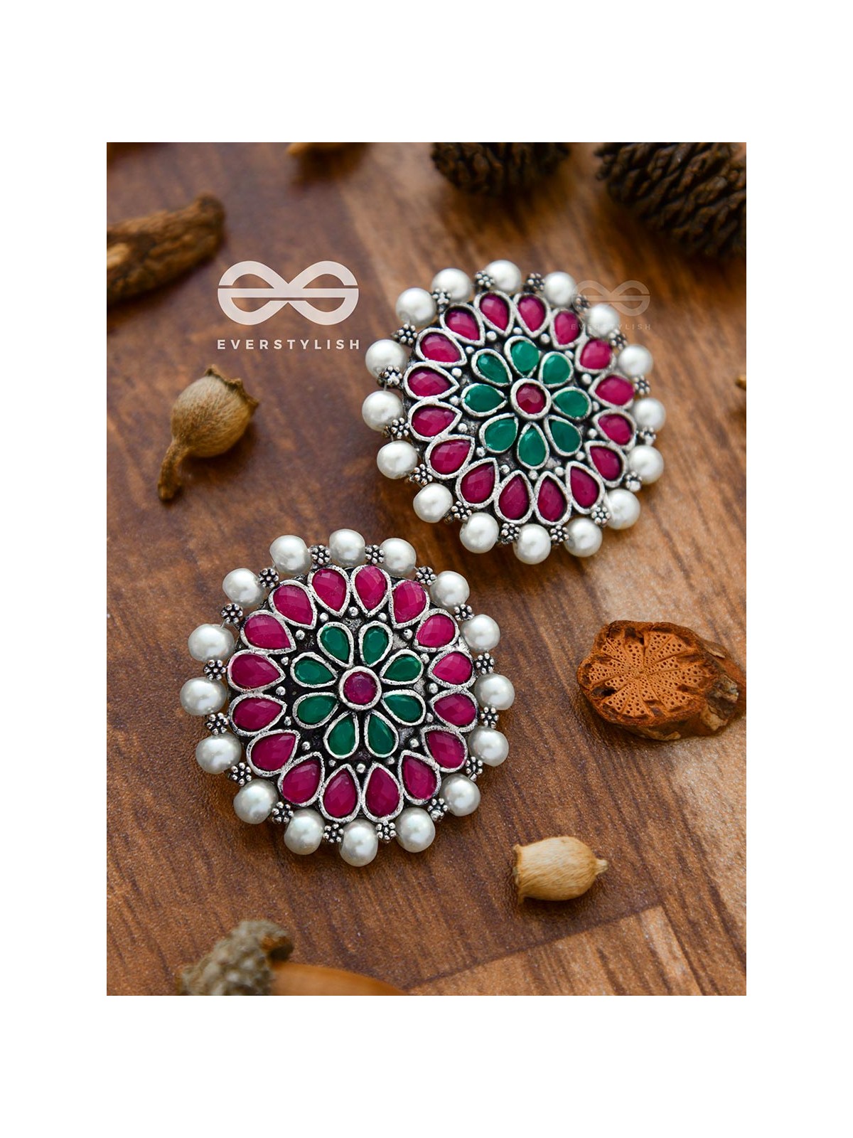 The classy Desire perfect pearl Embellished Statement Studs (Ruby Emerald)