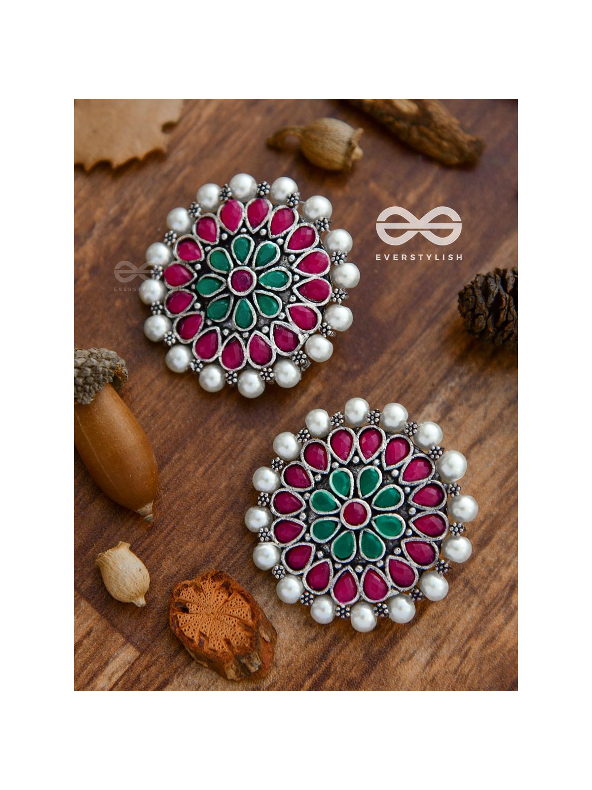 The classy Desire perfect pearl Embellished Statement Studs (Ruby Emerald)