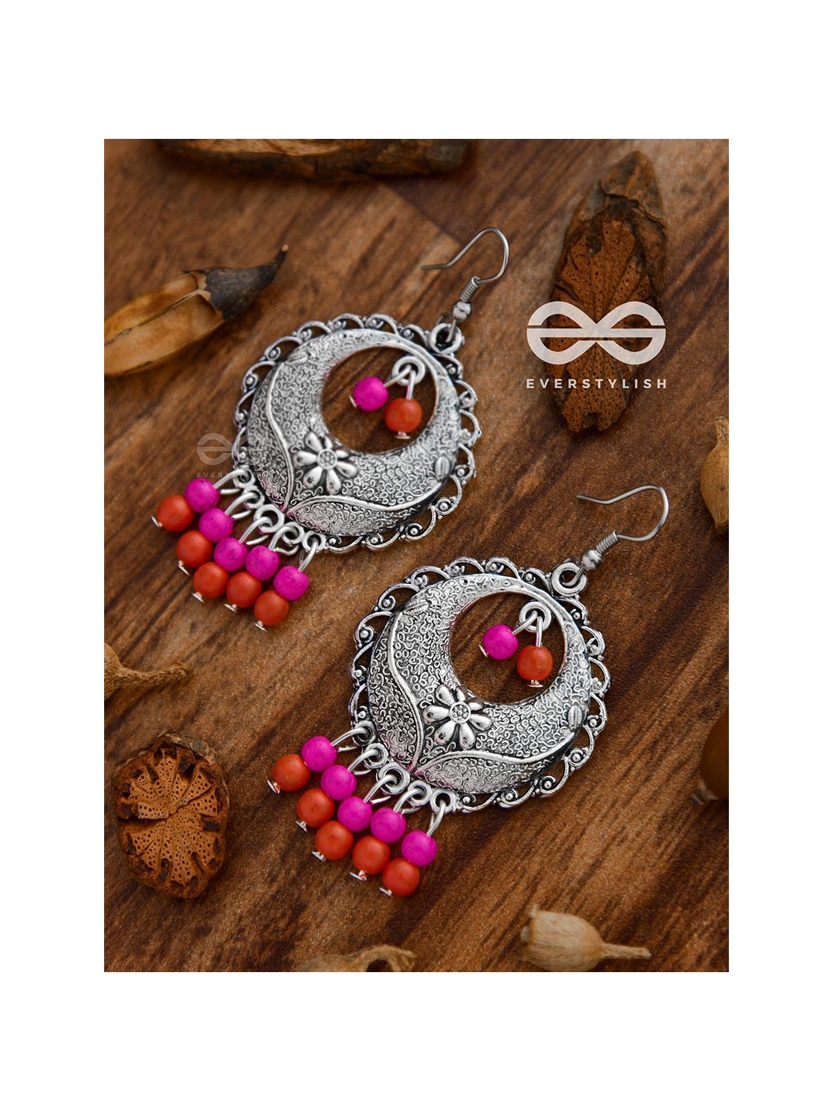The Colourful Intricacy (Orange-Pink)- Oxidised Boho Earrings