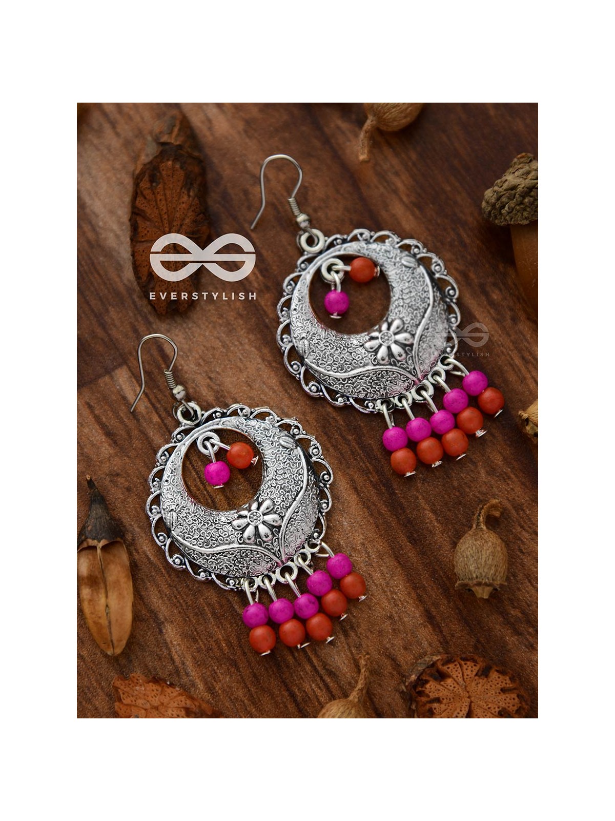 The Colourful Intricacy (Orange-Pink)- Oxidised Boho Earrings