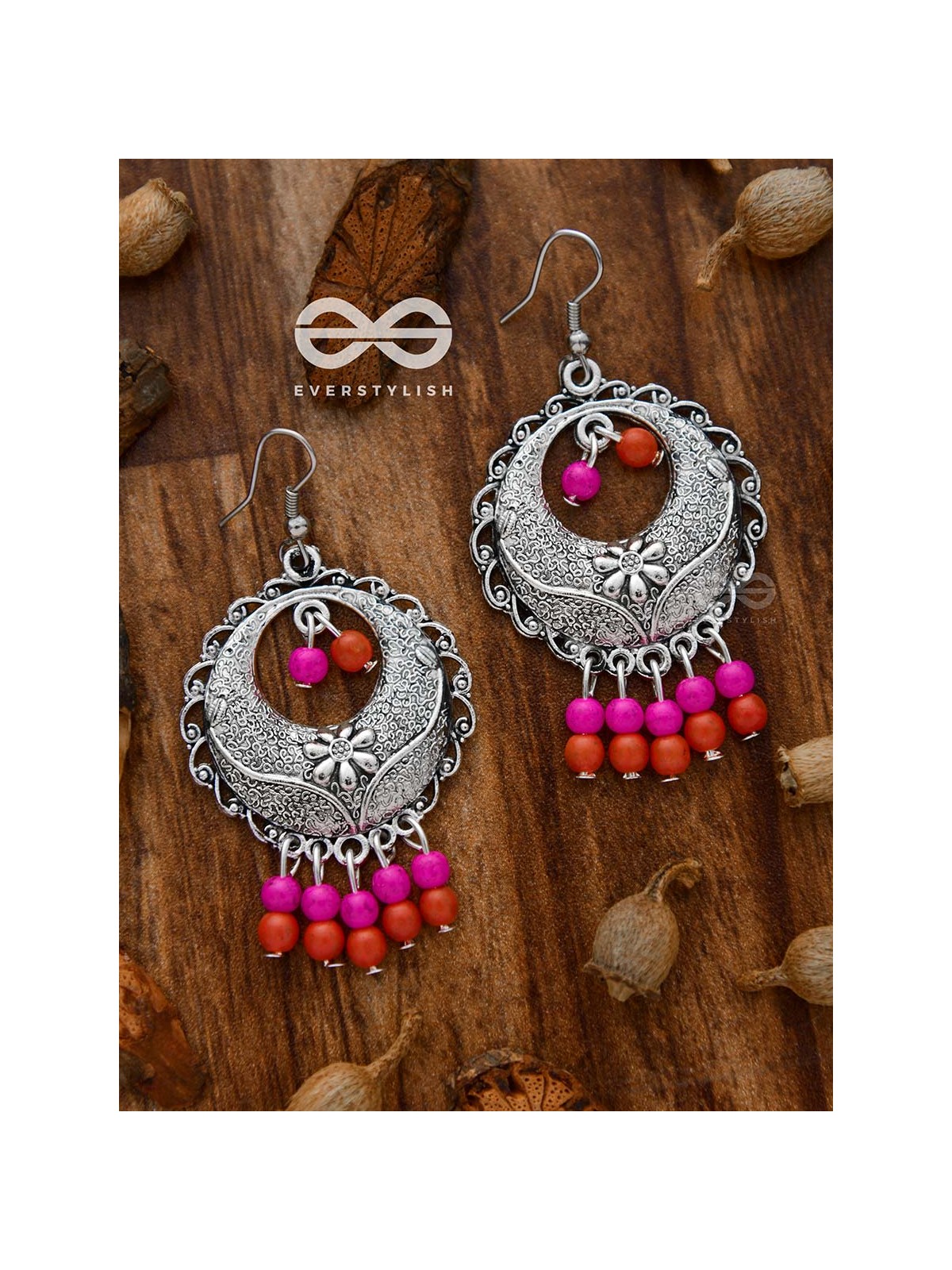 The Colourful Intricacy (Orange-Pink)- Oxidised Boho Earrings