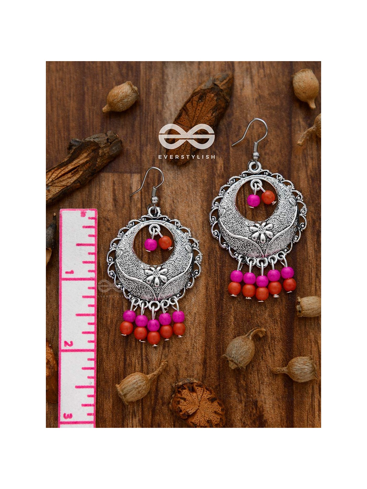 The Colourful Intricacy (Orange-Pink)- Oxidised Boho Earrings