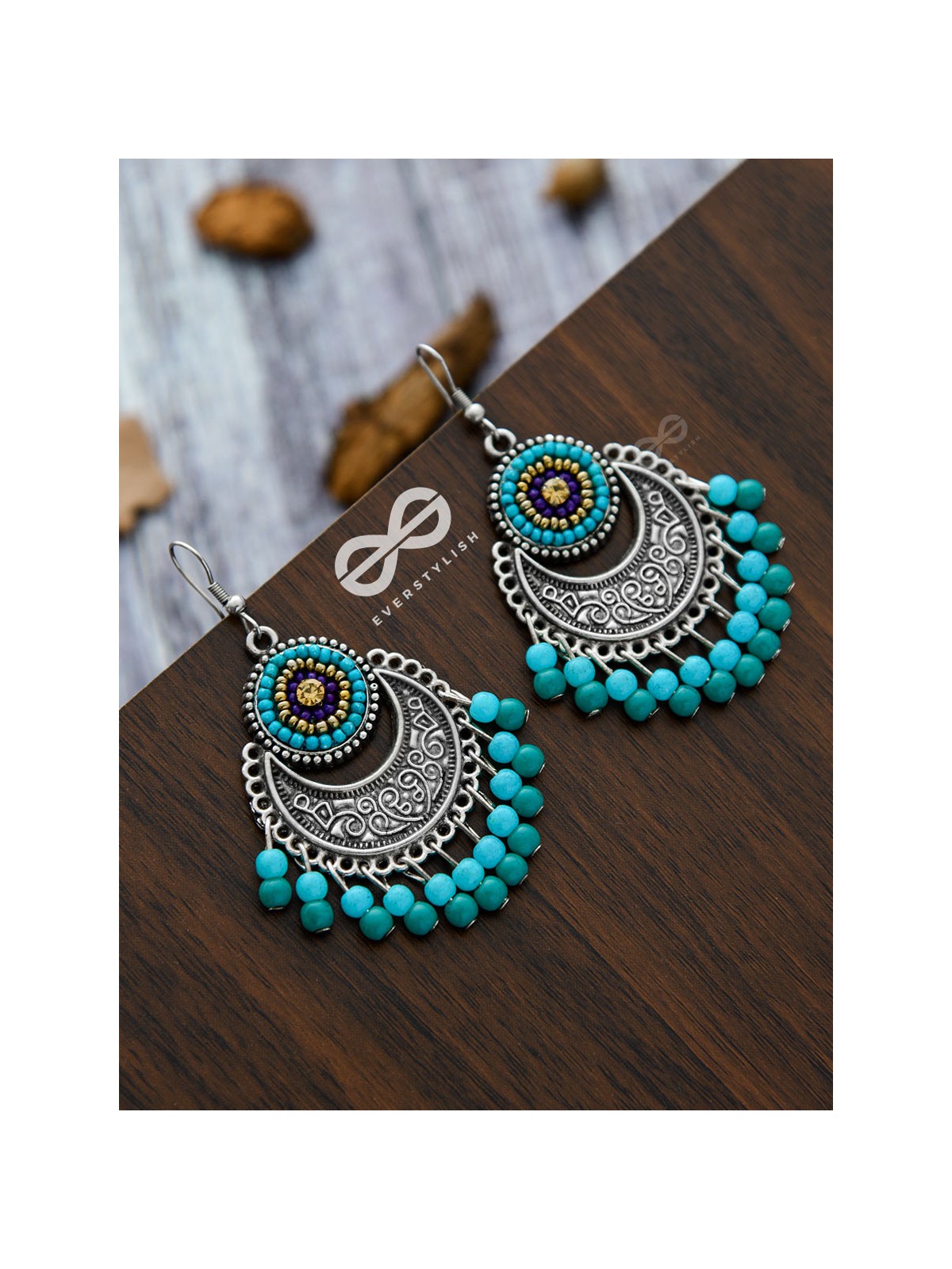 The Elegant Motifs (Teal-Blue) - Embroidered Oxidised Earrings 