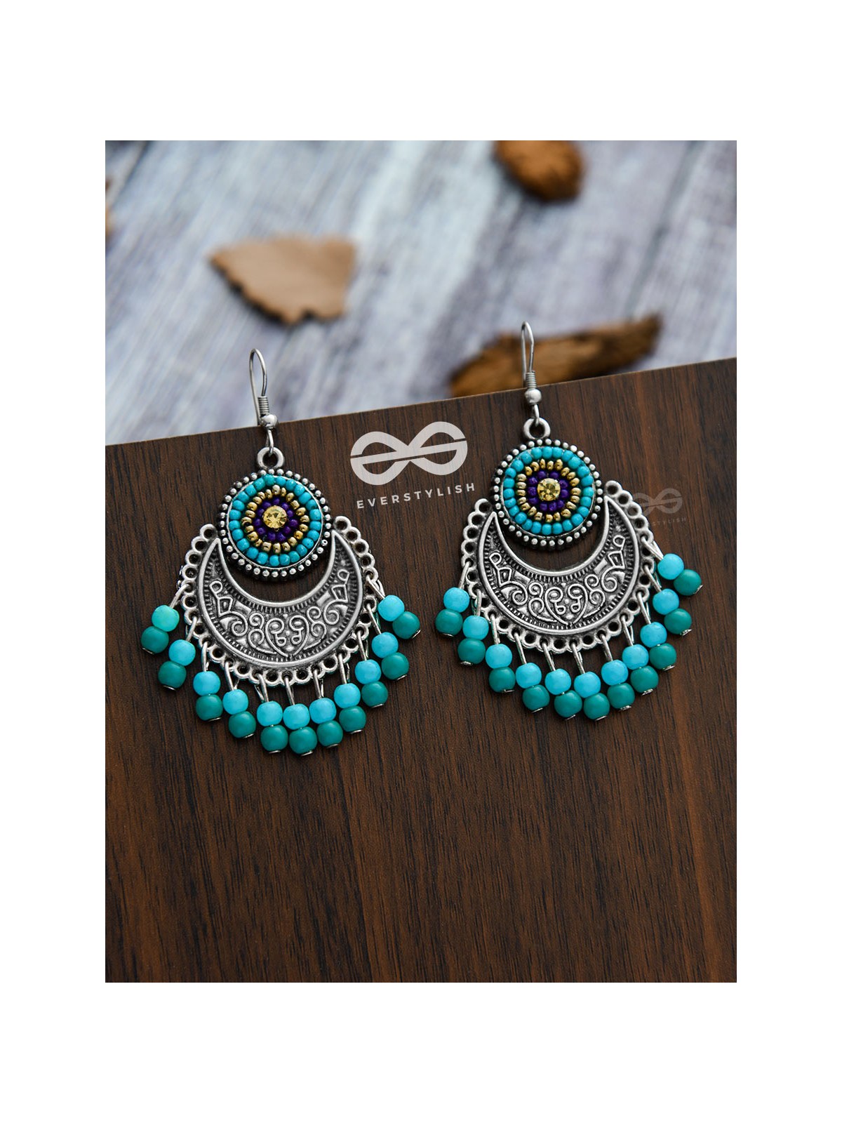 The Elegant Motifs (Teal-Blue) - Embroidered Oxidised Earrings 