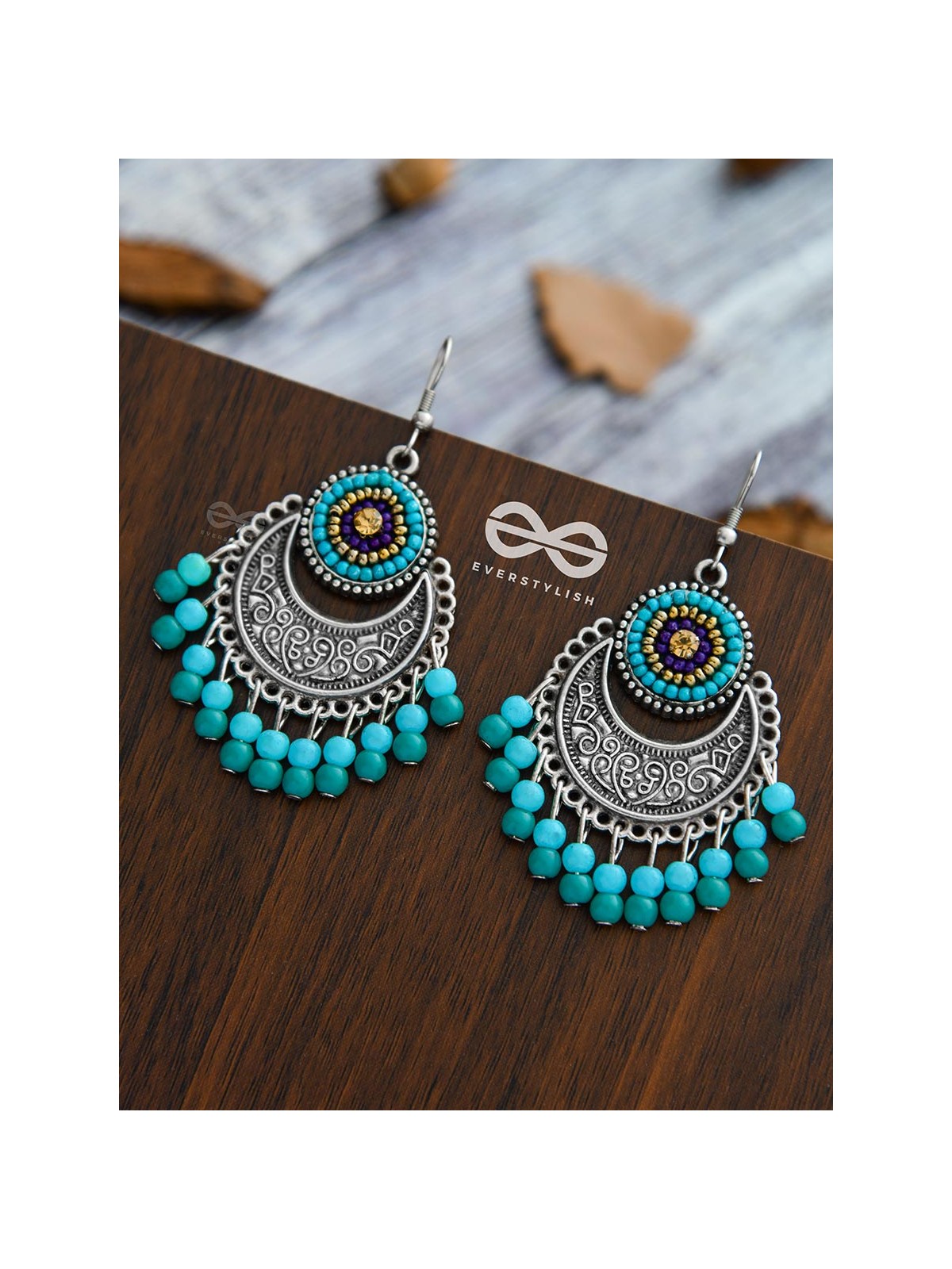 The Elegant Motifs (Teal-Blue) - Embroidered Oxidised Earrings 