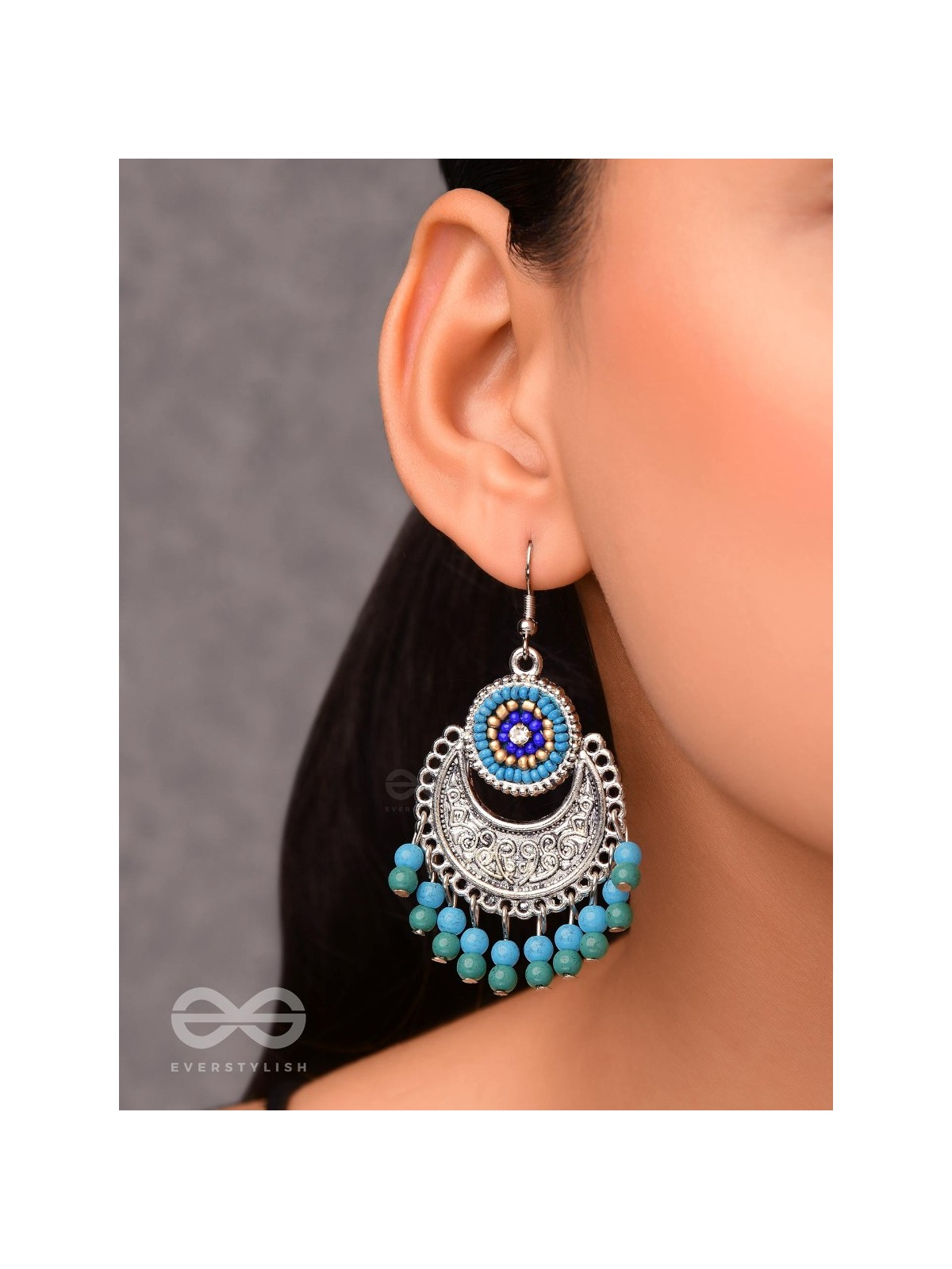 The Elegant Motifs (Teal-Blue) - Embroidered Oxidised Earrings 