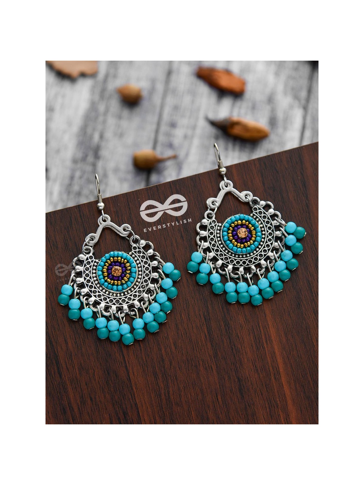 The Splendid Stunners (Teal-Blue) - Embroidered Oxidised Earrings
