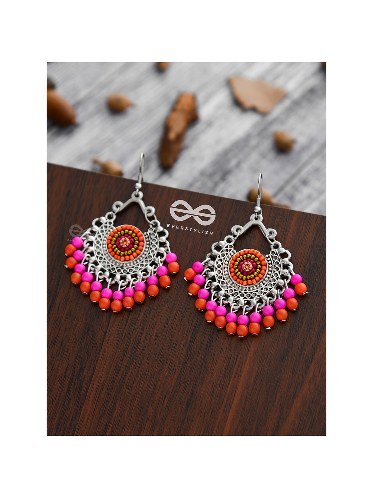 The Splendid Stunners (Orange-Pink) - Embroidered Oxidised Earrings