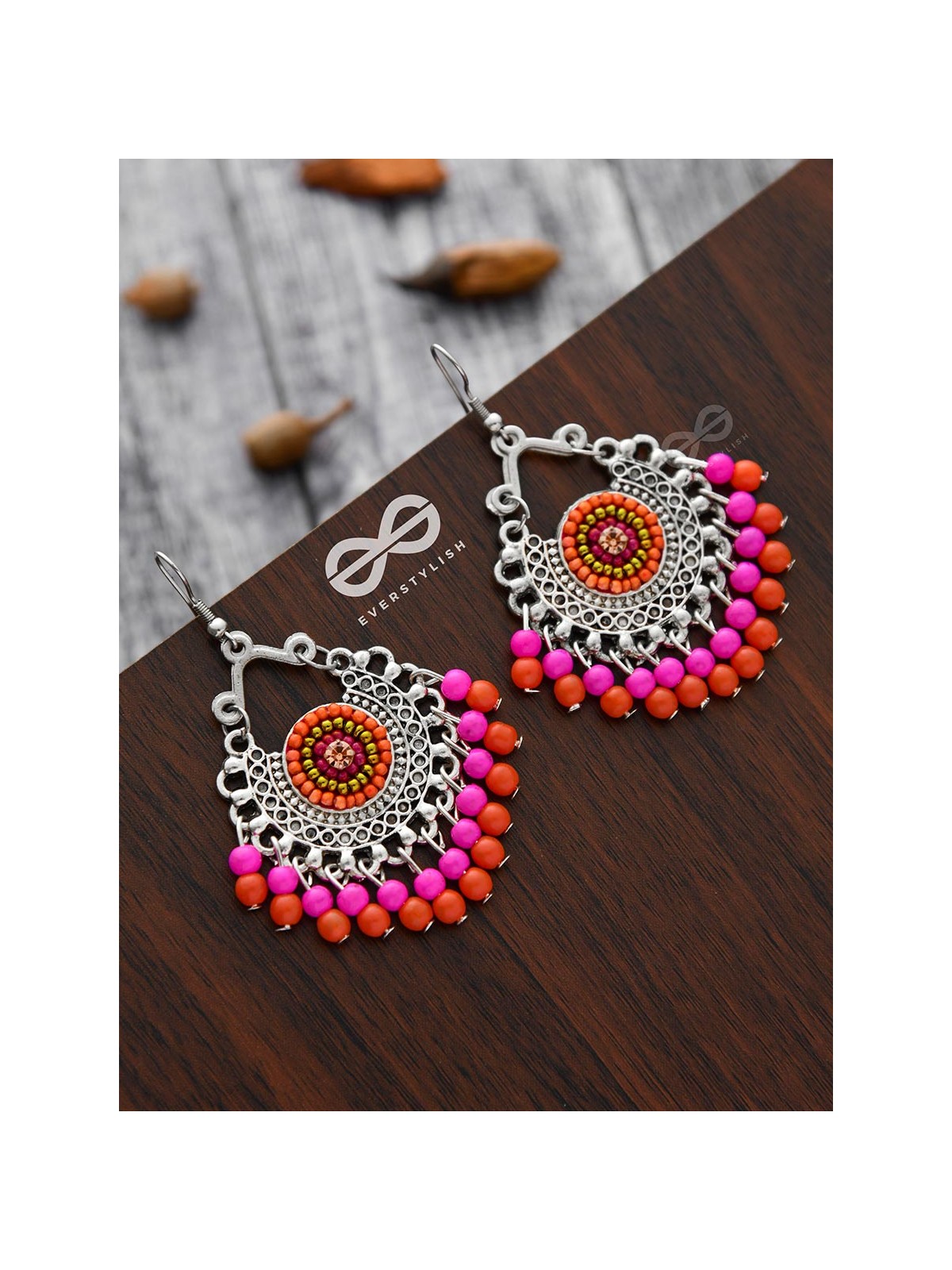 The Splendid Stunners (Orange-Pink) - Embroidered Oxidised Earrings