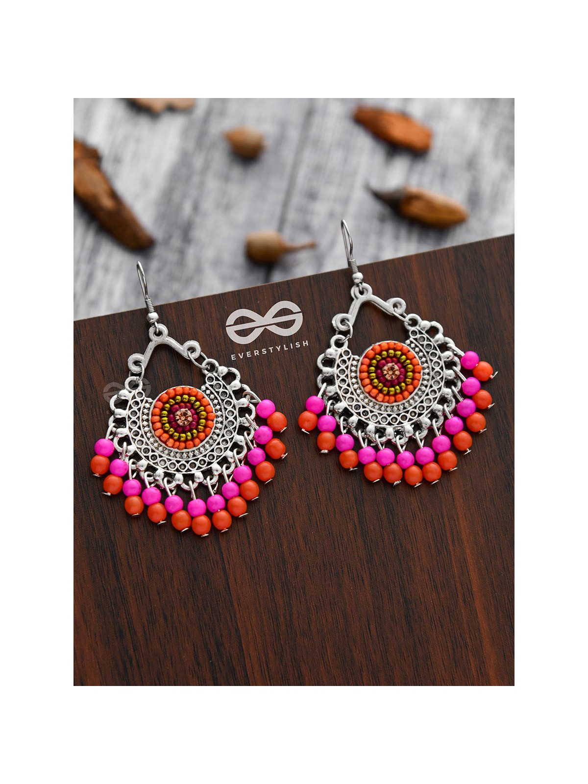 The Splendid Stunners (Orange-Pink) - Embroidered Oxidised Earrings
