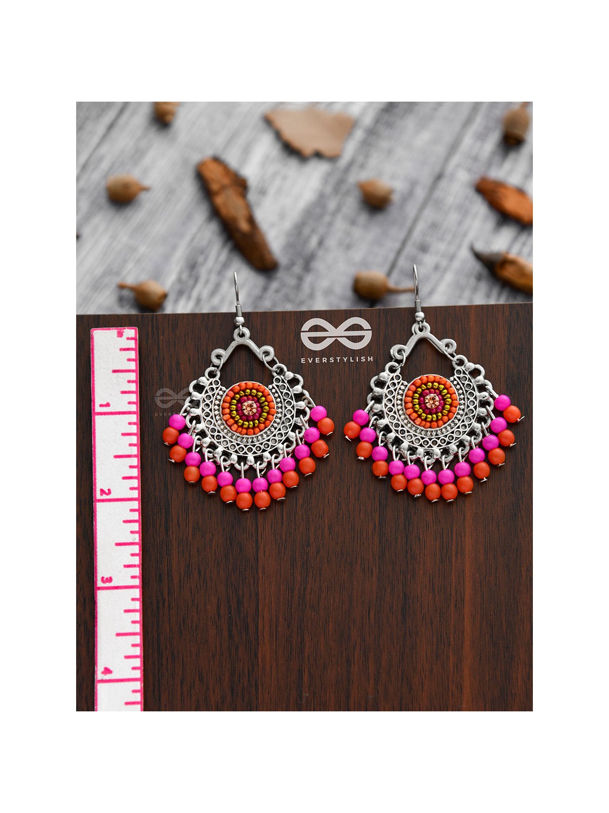 The Splendid Stunners (Orange-Pink) - Embroidered Oxidised Earrings