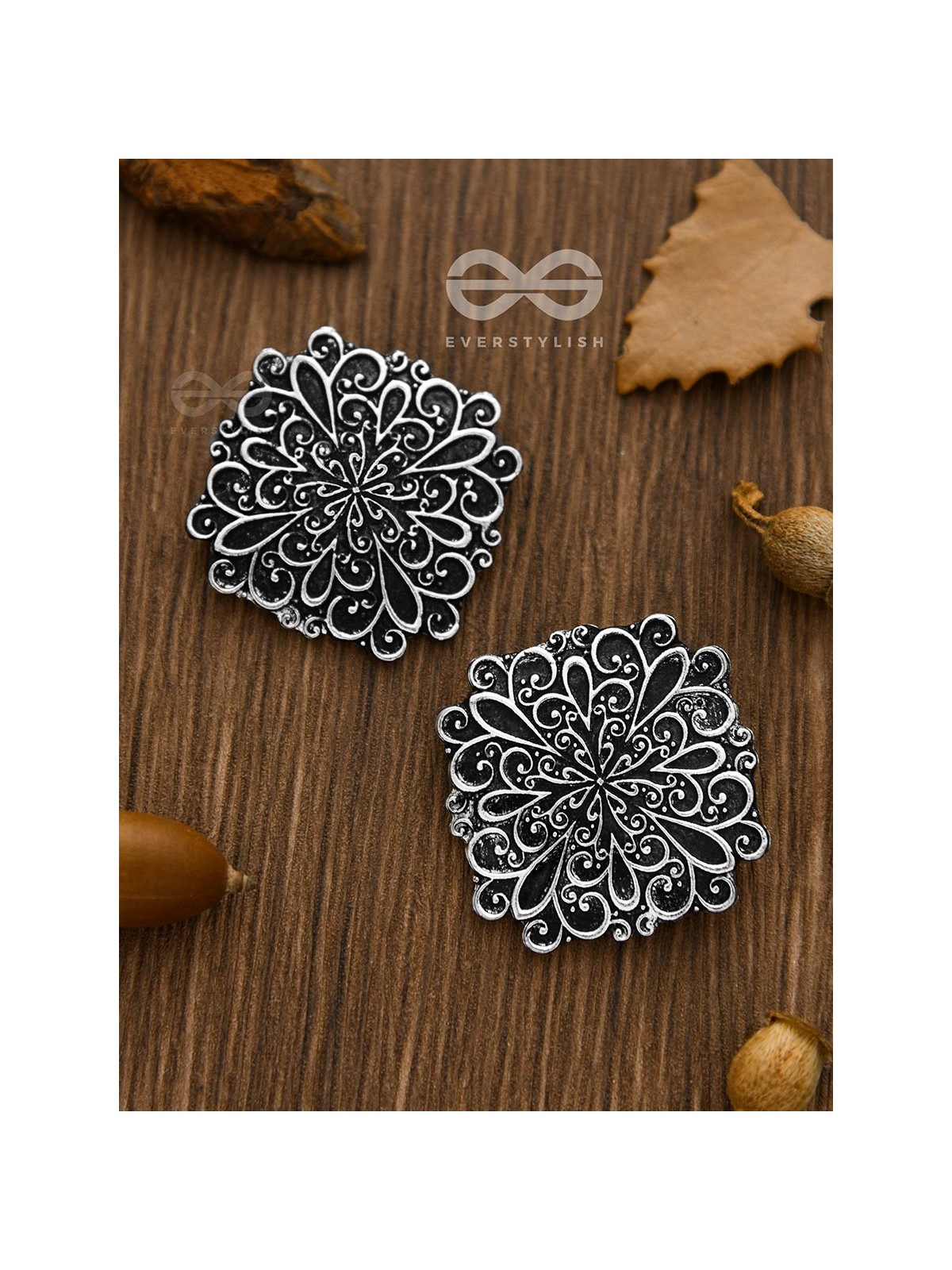 The Mystical Floral Artwork Studs - Oxidised Boho Collection