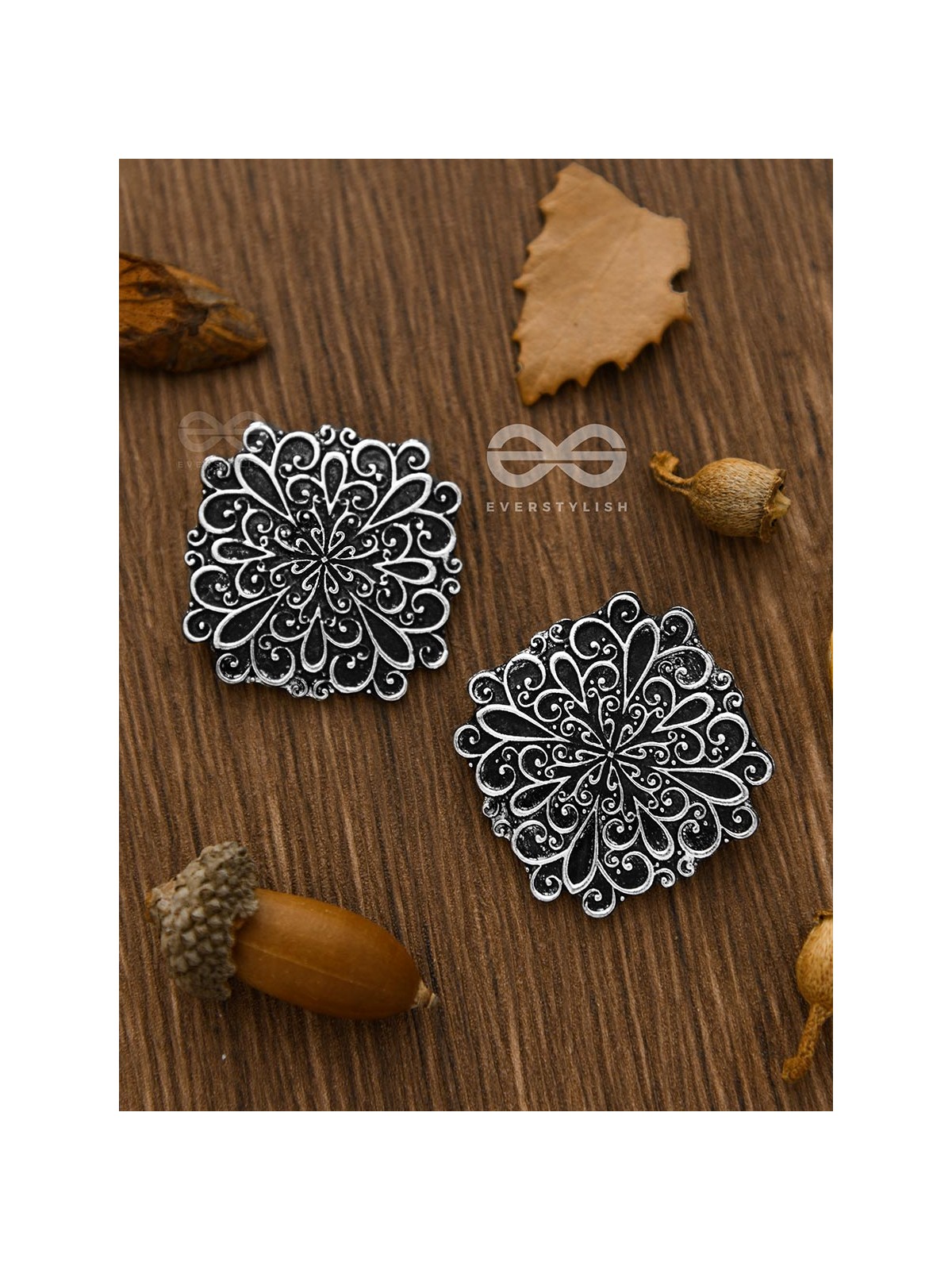 The Mystical Floral Artwork Studs - Oxidised Boho Collection