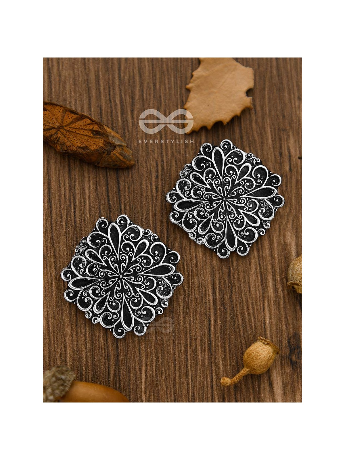 The Mystical Floral Artwork Studs - Oxidised Boho Collection