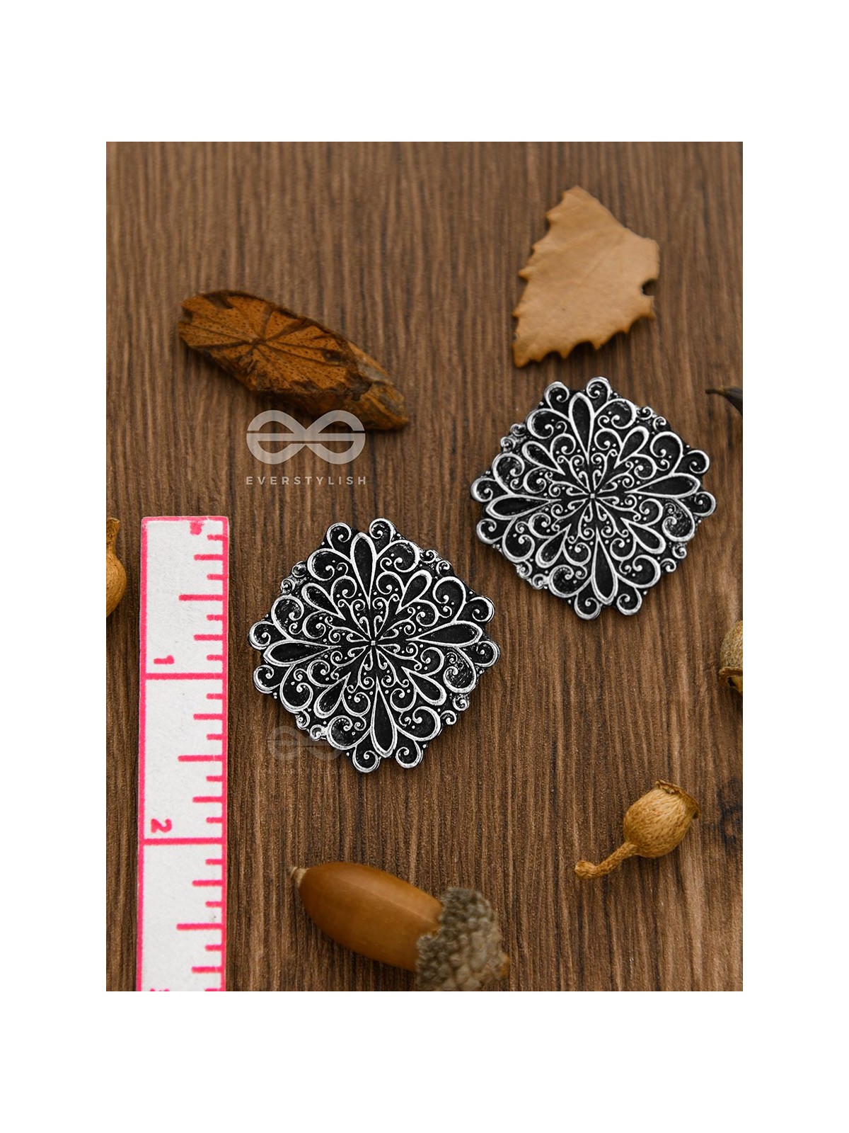 The Mystical Floral Artwork Studs - Oxidised Boho Collection
