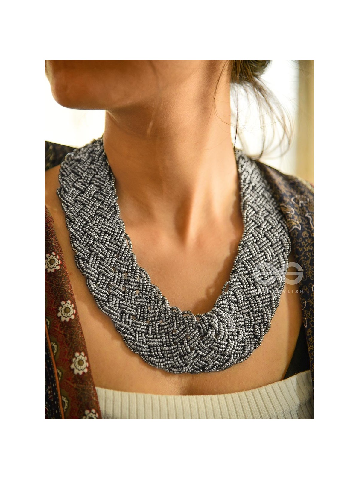 The Beauteous Braided Criss-Cross Beaded Necklace (Silver)