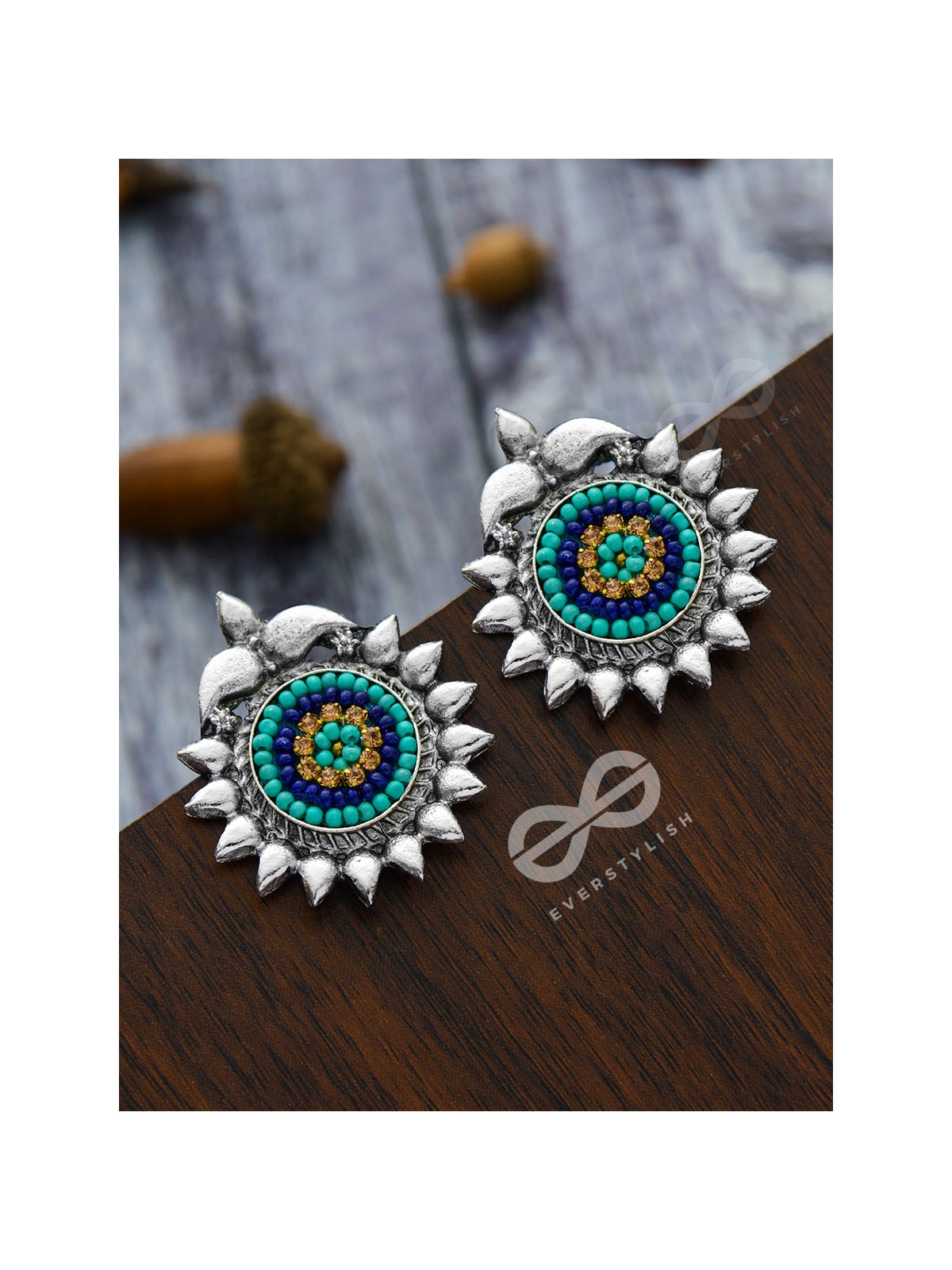 The Cute Artsy Button Studs - Embroidered Oxidised Earrings