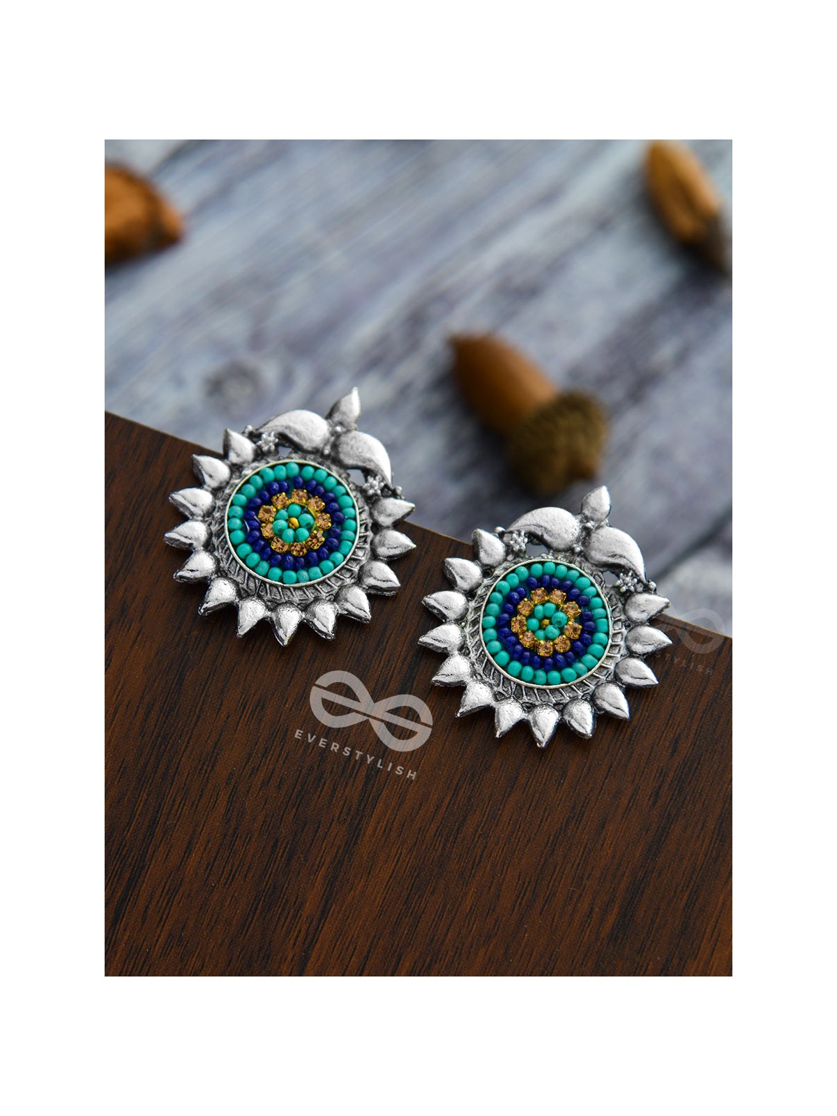 The Cute Artsy Button Studs - Embroidered Oxidised Earrings