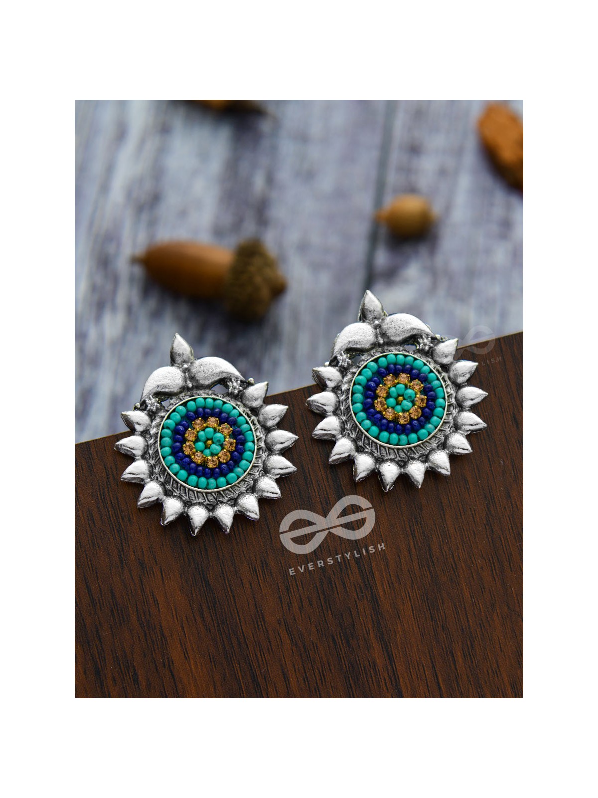 The Cute Artsy Button Studs - Embroidered Oxidised Earrings