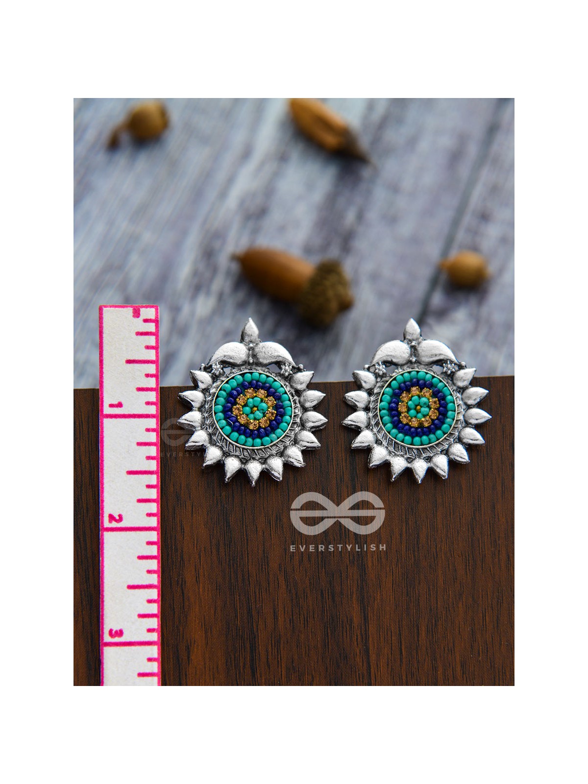 The Cute Artsy Button Studs - Embroidered Oxidised Earrings