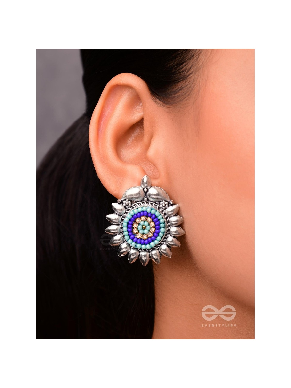 The Cute Artsy Button Studs - Embroidered Oxidised Earrings