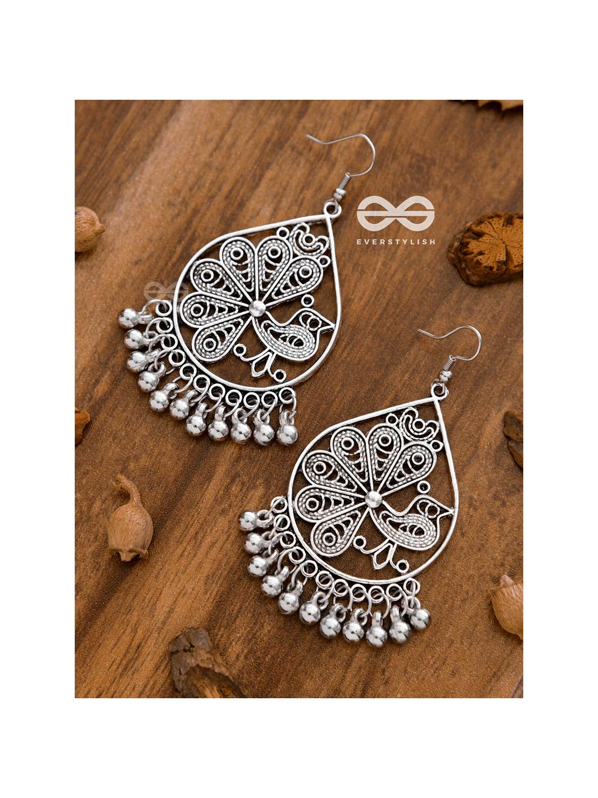 The Intricate Peacock Danglers - Oxidised Boho Earrings