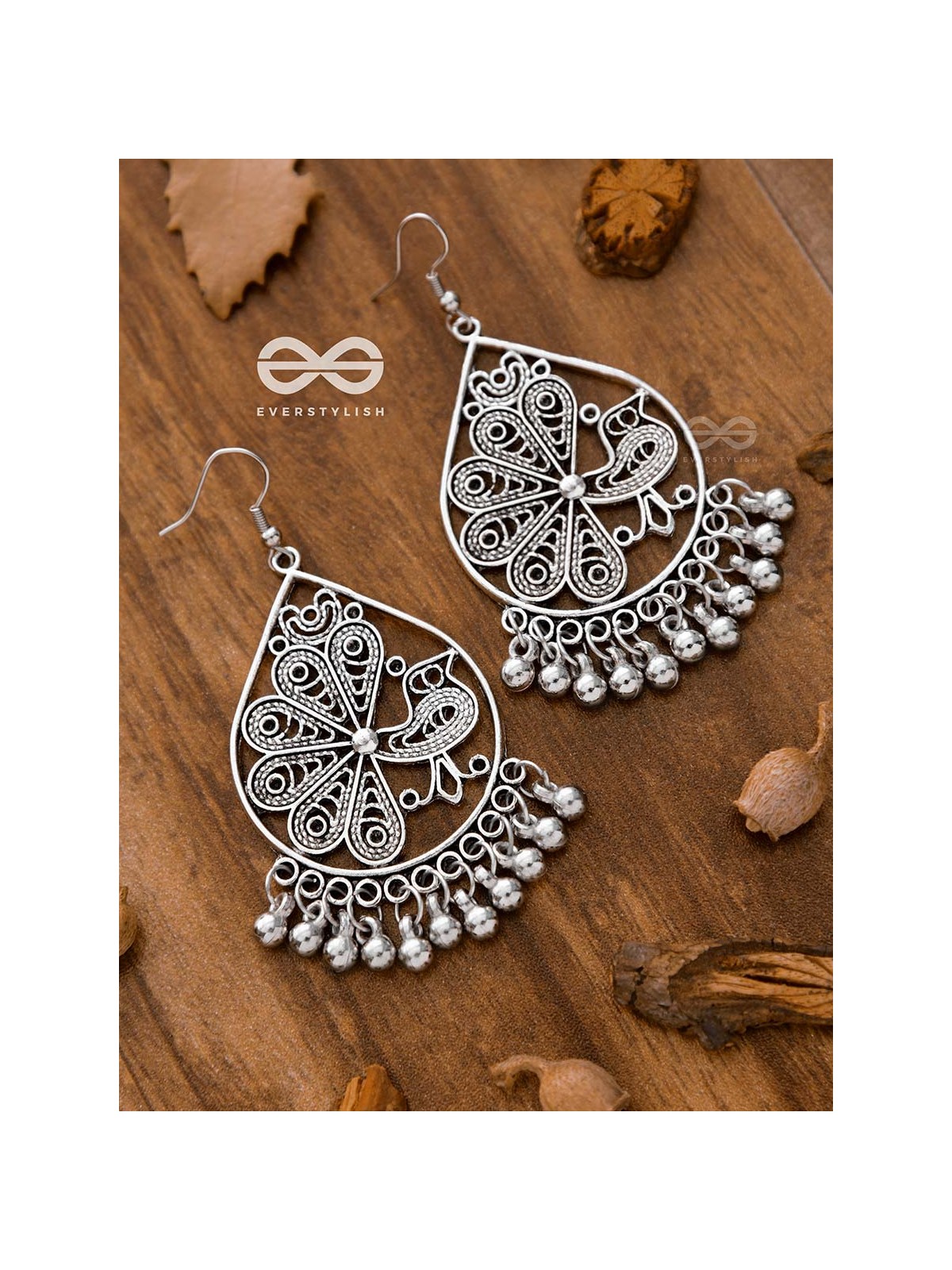 The Intricate Peacock Danglers - Oxidised Boho Earrings