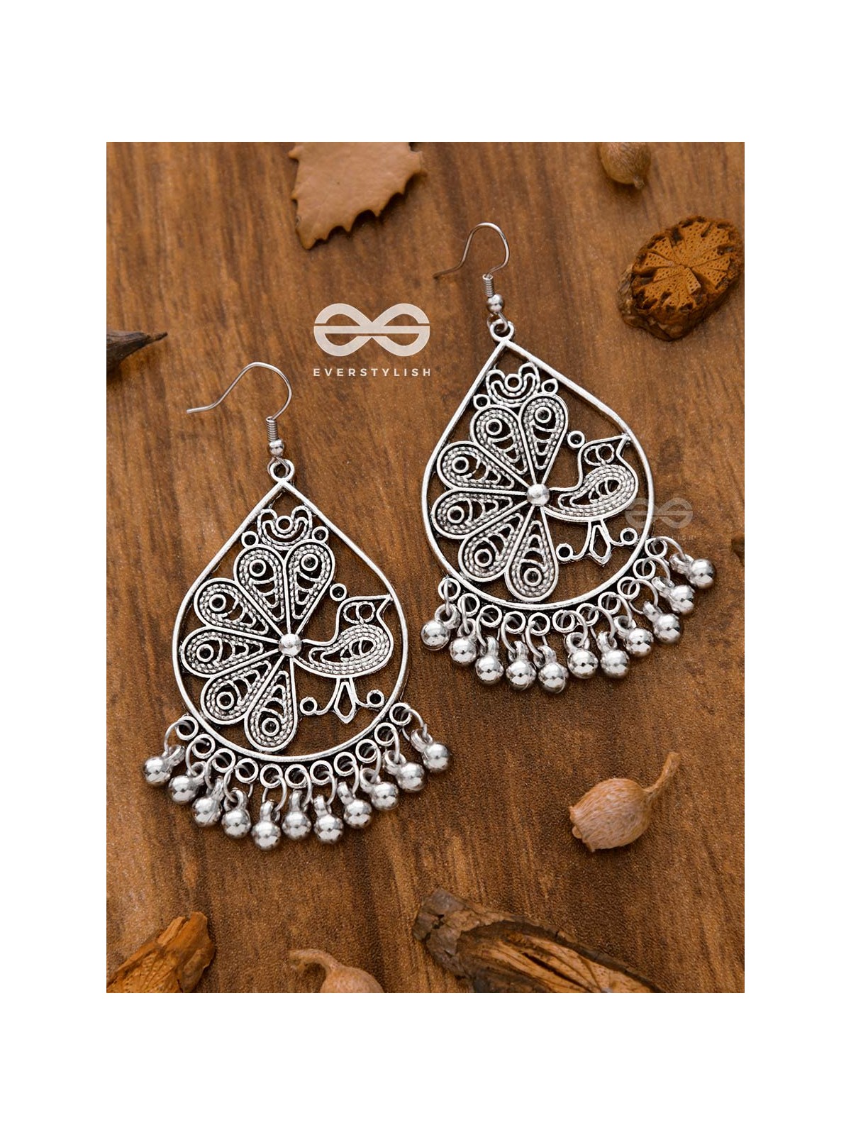 The Intricate Peacock Danglers - Oxidised Boho Earrings