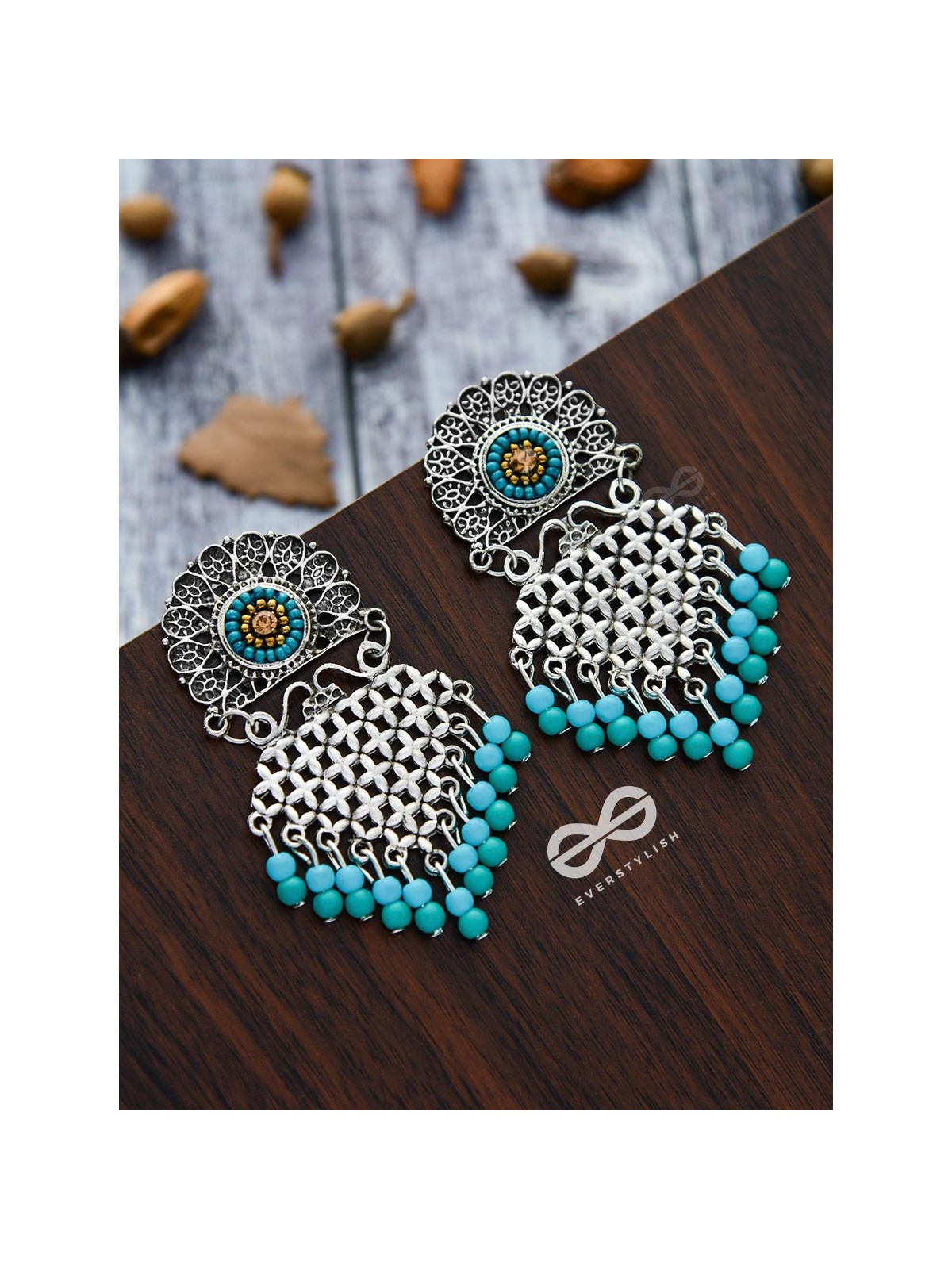 The Criss-Cross Embroidered Sun (Blue) - Embroidered Oxidised Earrings