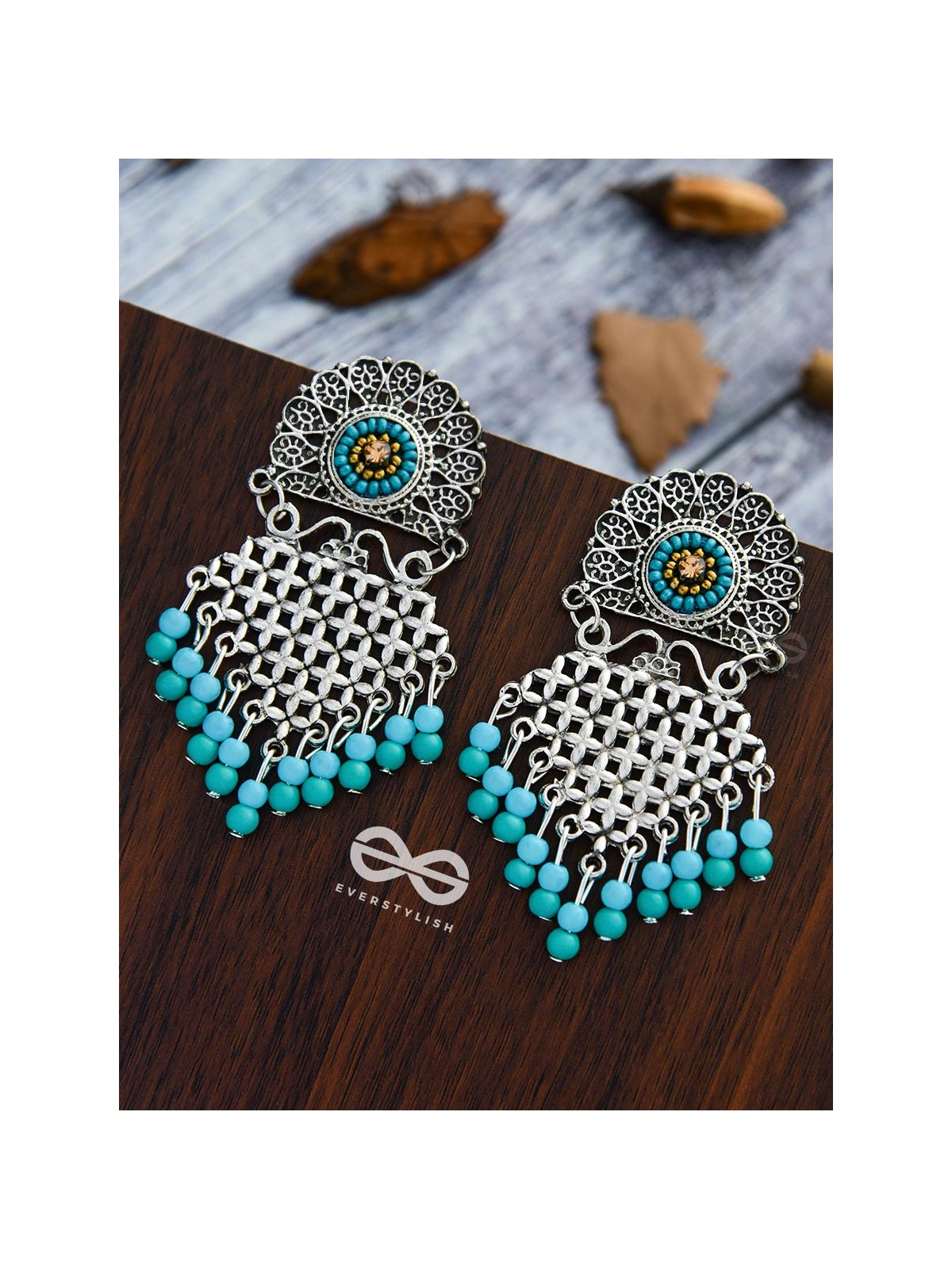 The Criss-Cross Embroidered Sun (Blue) - Embroidered Oxidised Earrings