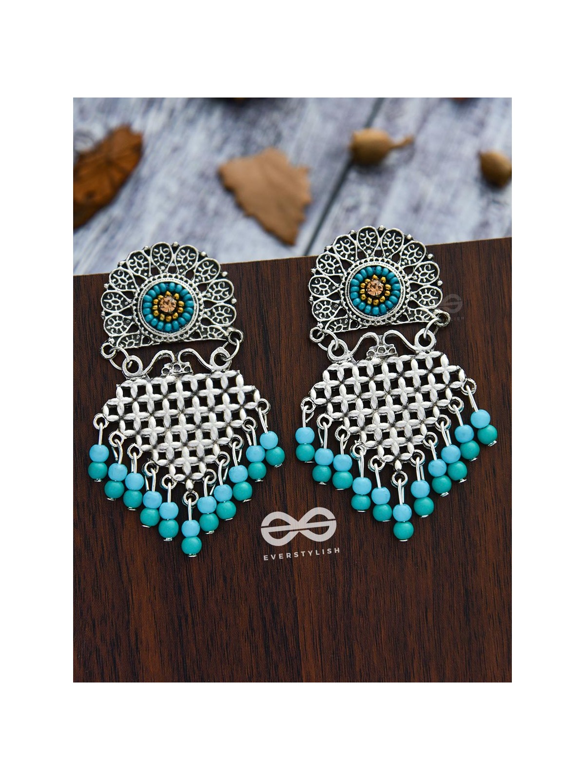The Criss-Cross Embroidered Sun (Blue) - Embroidered Oxidised Earrings