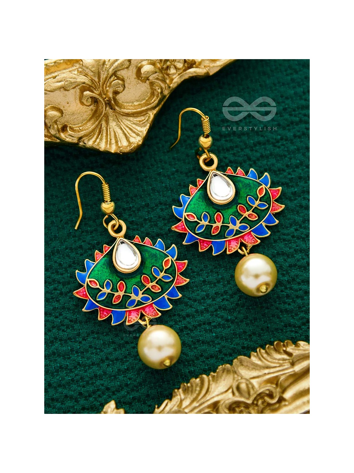The Little Mesmerisers - Hand Painted Meenakari Earrings (Pine Green)