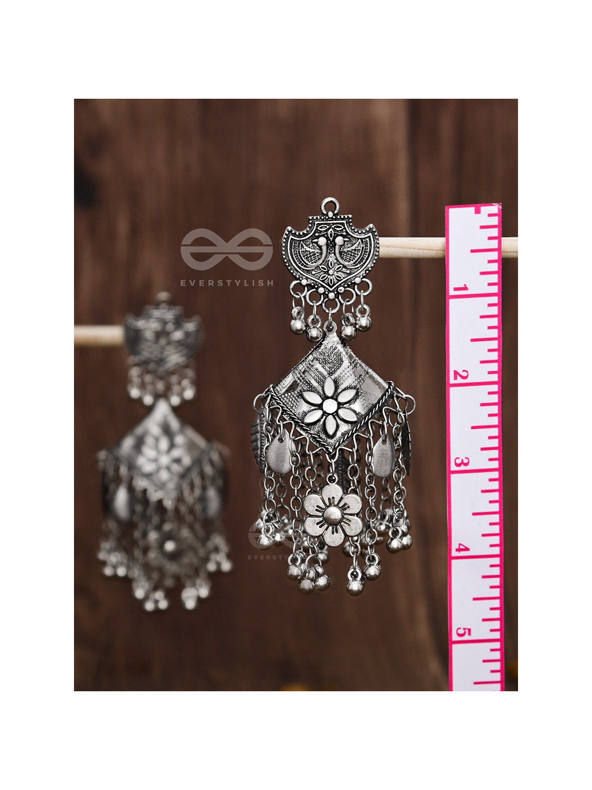 The Peacock Artwork Oxidised Square Statement Jhumkas