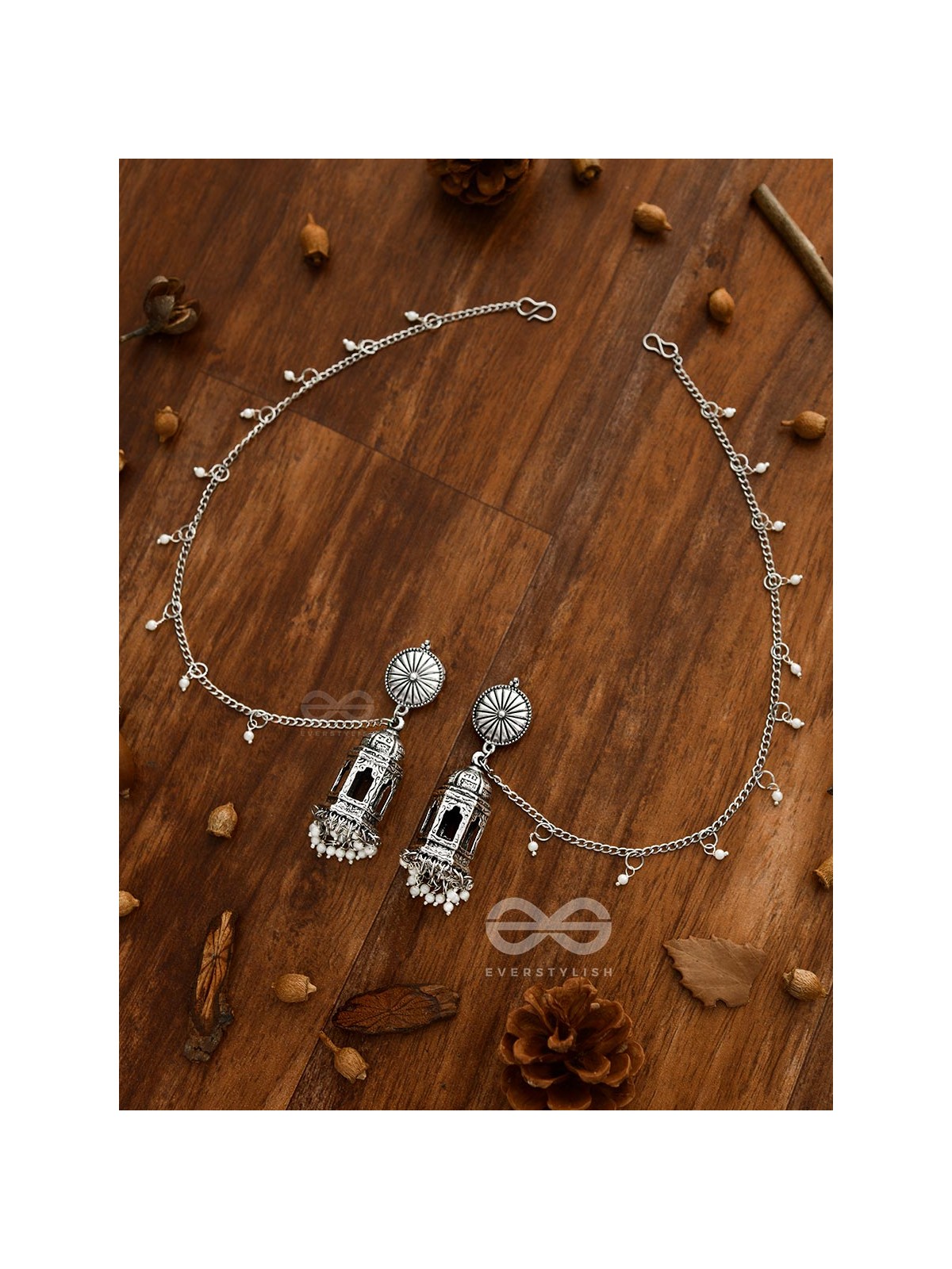 A Divine Allure - Oxidised Silver Earrings with hair Attachement