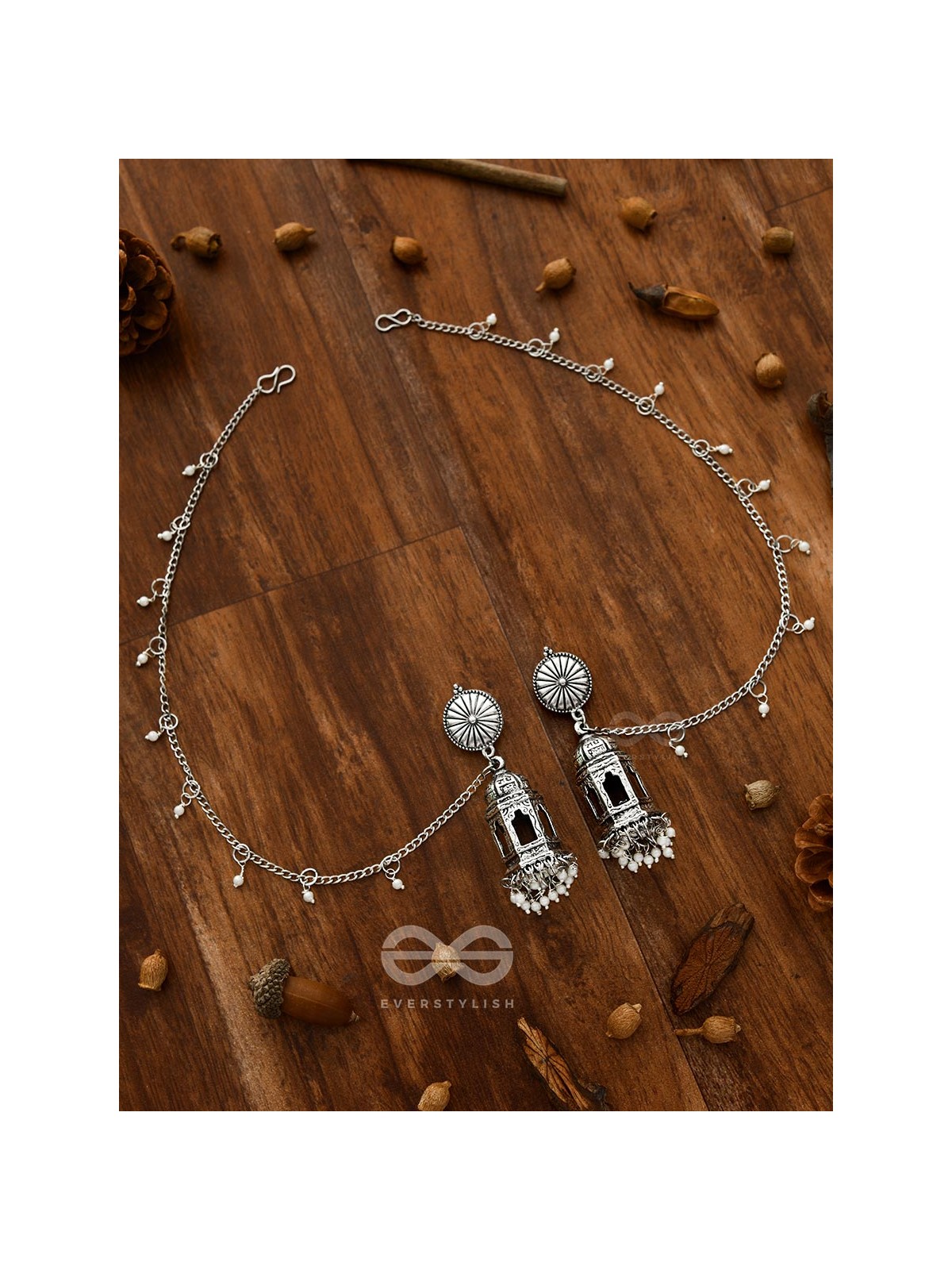 A Divine Allure - Oxidised Silver Earrings with hair Attachement