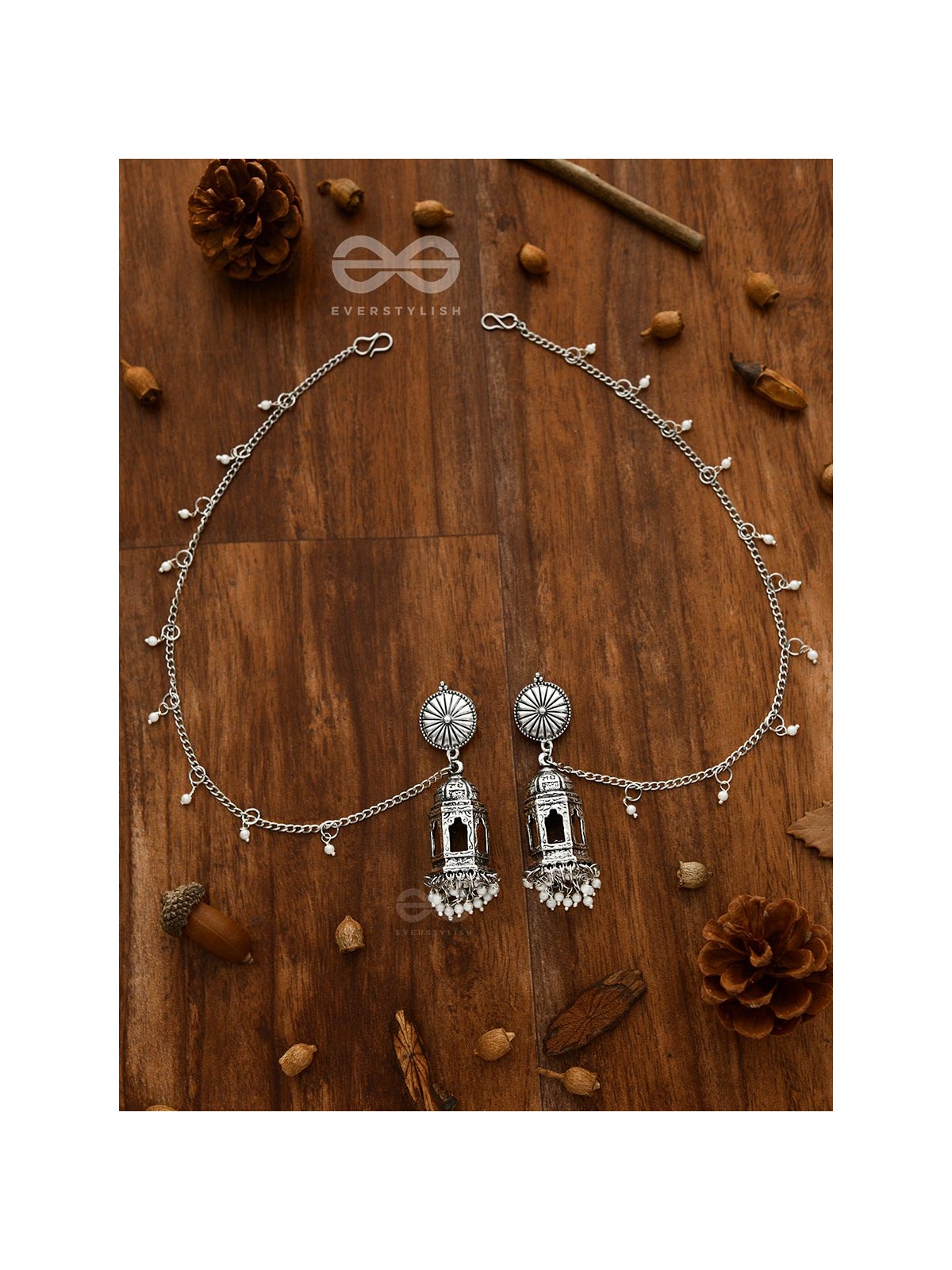 A Divine Allure - Oxidised Silver Earrings with hair Attachement