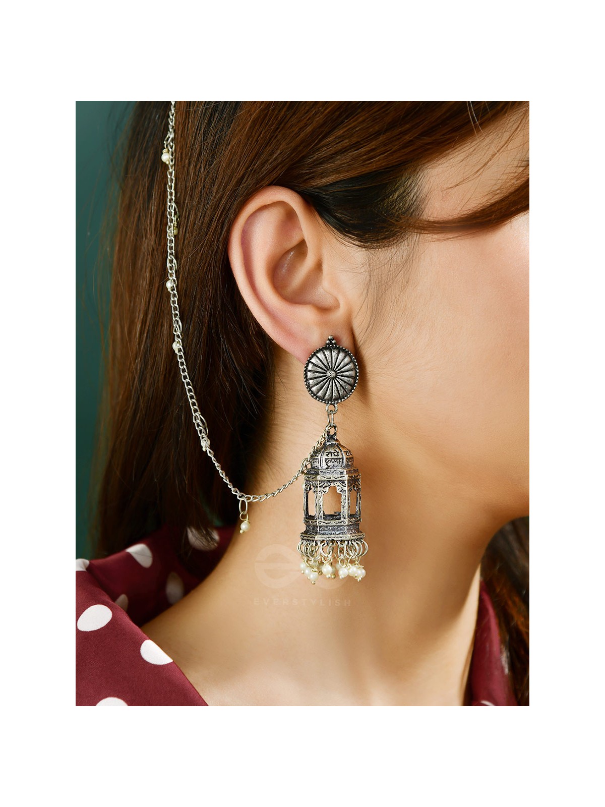 A Divine Allure - Oxidised Silver Earrings with hair Attachement