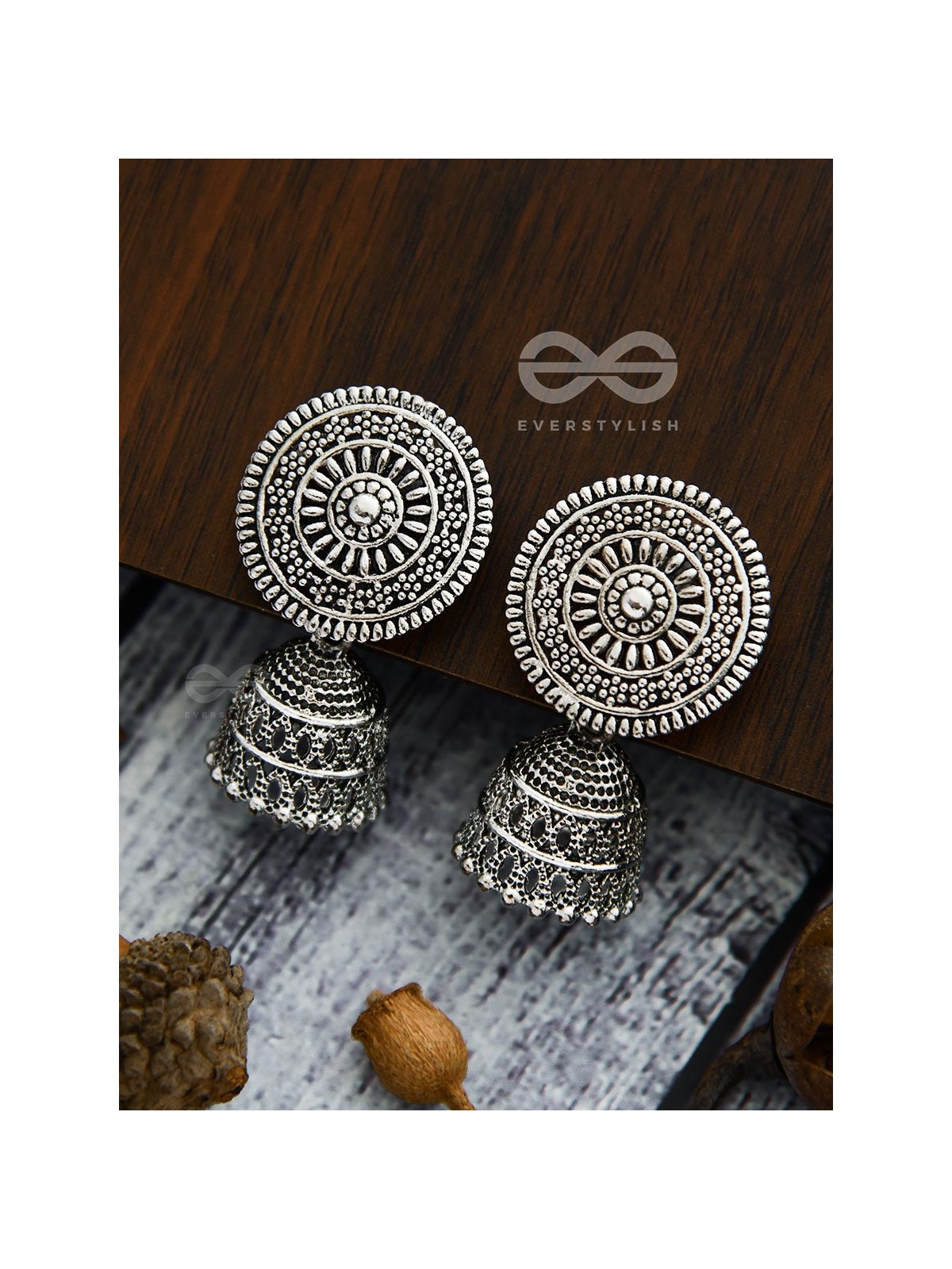 The Shield of Motifs -  Oxidised Boho Jhumki