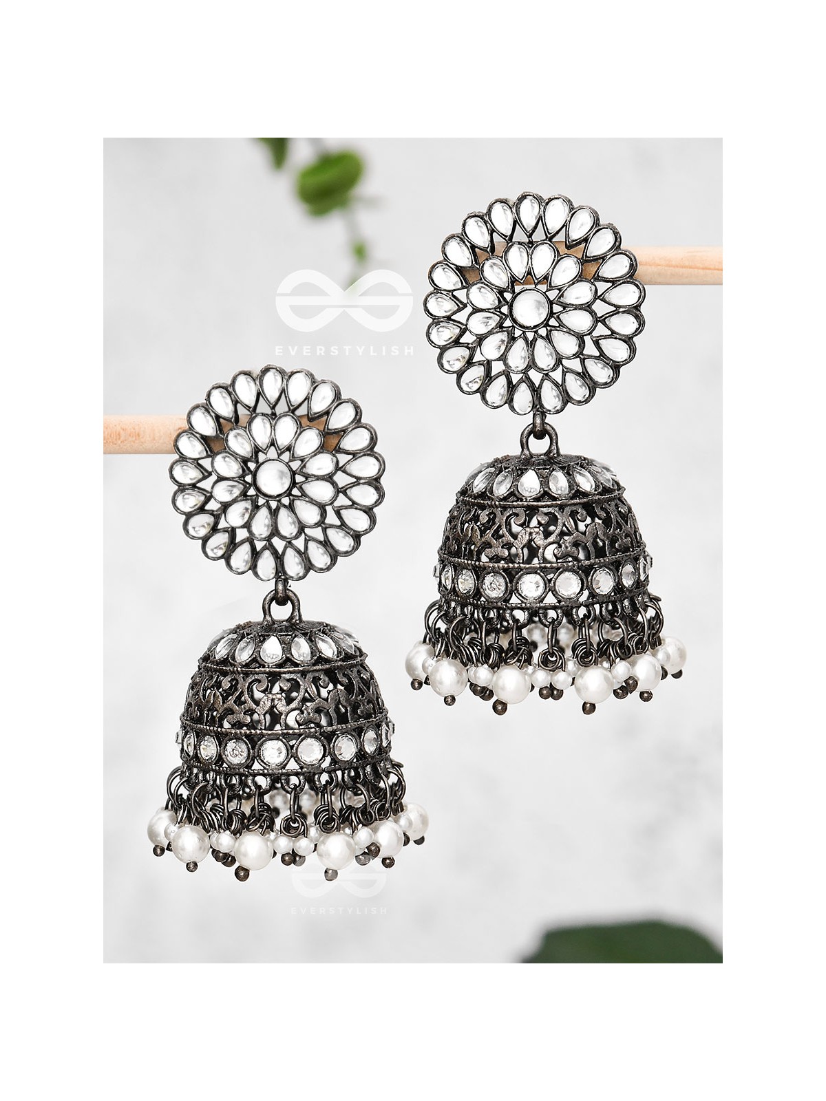 The Intricate Floral Cocktail - Embellished Oxidised jhumkas 