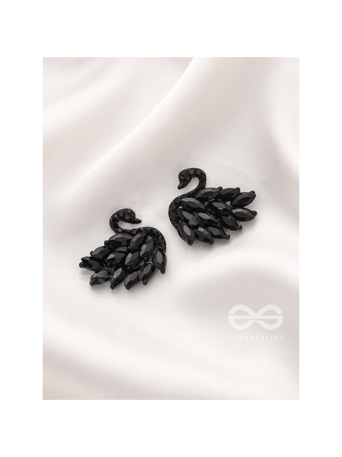 The Crystal Feathered Swans - Statement Embellished Studs - Black
